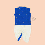 Festive silk Panjagajam set in royal blue and white for baby boys. Comfortable and traditional – ideal for 6M–3Y.
