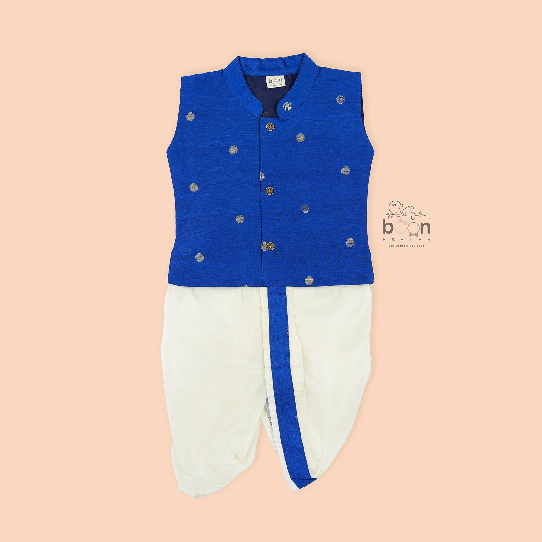 Festive silk Panjagajam set in royal blue and white for baby boys. Comfortable and traditional – ideal for 6M–3Y.