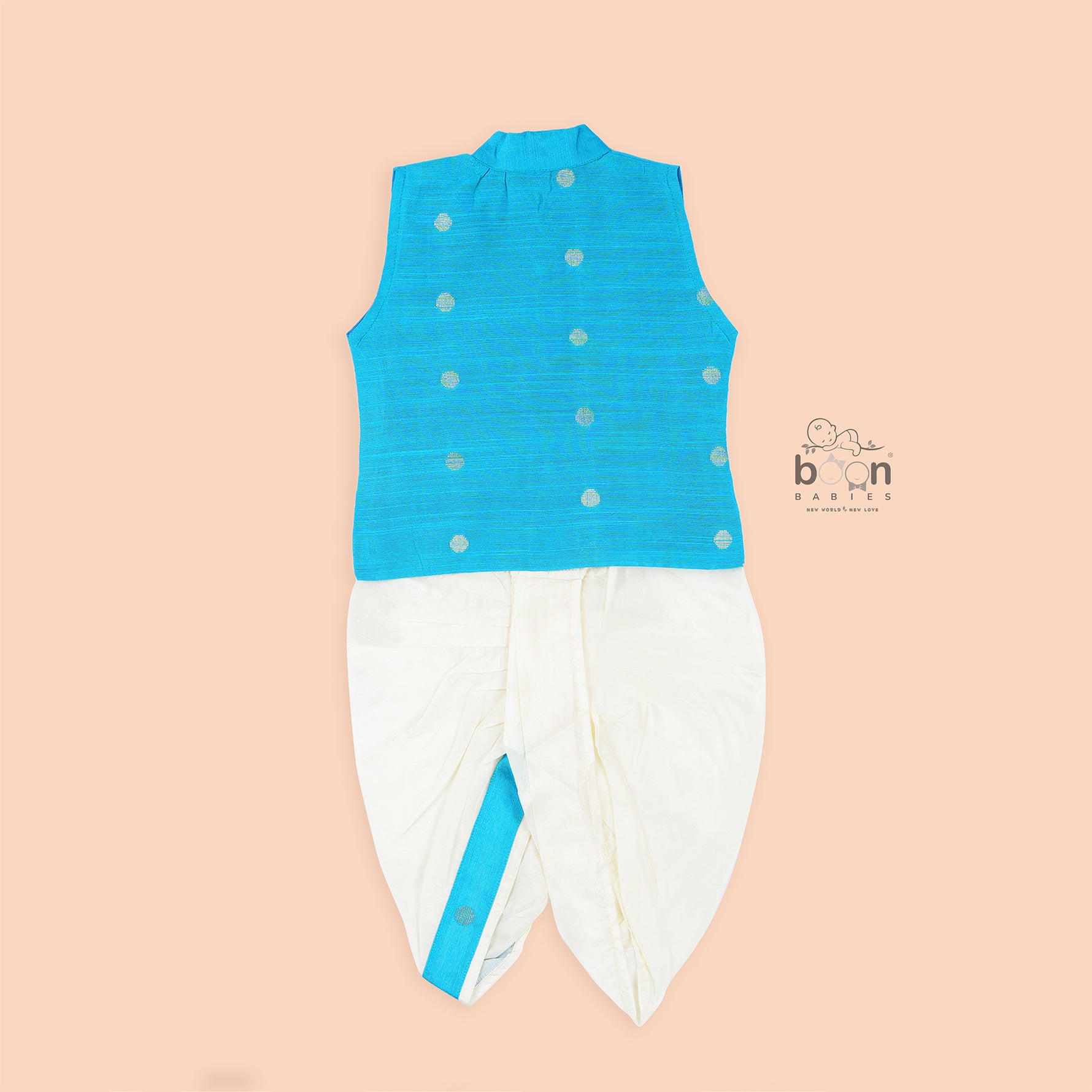 Classic silk Panjagajam set for baby boys in blue & white. Festive-ready comfort for ages 6M–3Y. Ideal for temple & ethnic occasions.