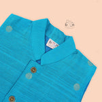 Classic silk Panjagajam set for baby boys in blue & white. Festive-ready comfort for ages 6M–3Y. Ideal for temple & ethnic occasions.