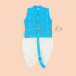 Classic silk Panjagajam set for baby boys in blue & white. Festive-ready comfort for ages 6M–3Y. Ideal for temple & ethnic occasions.