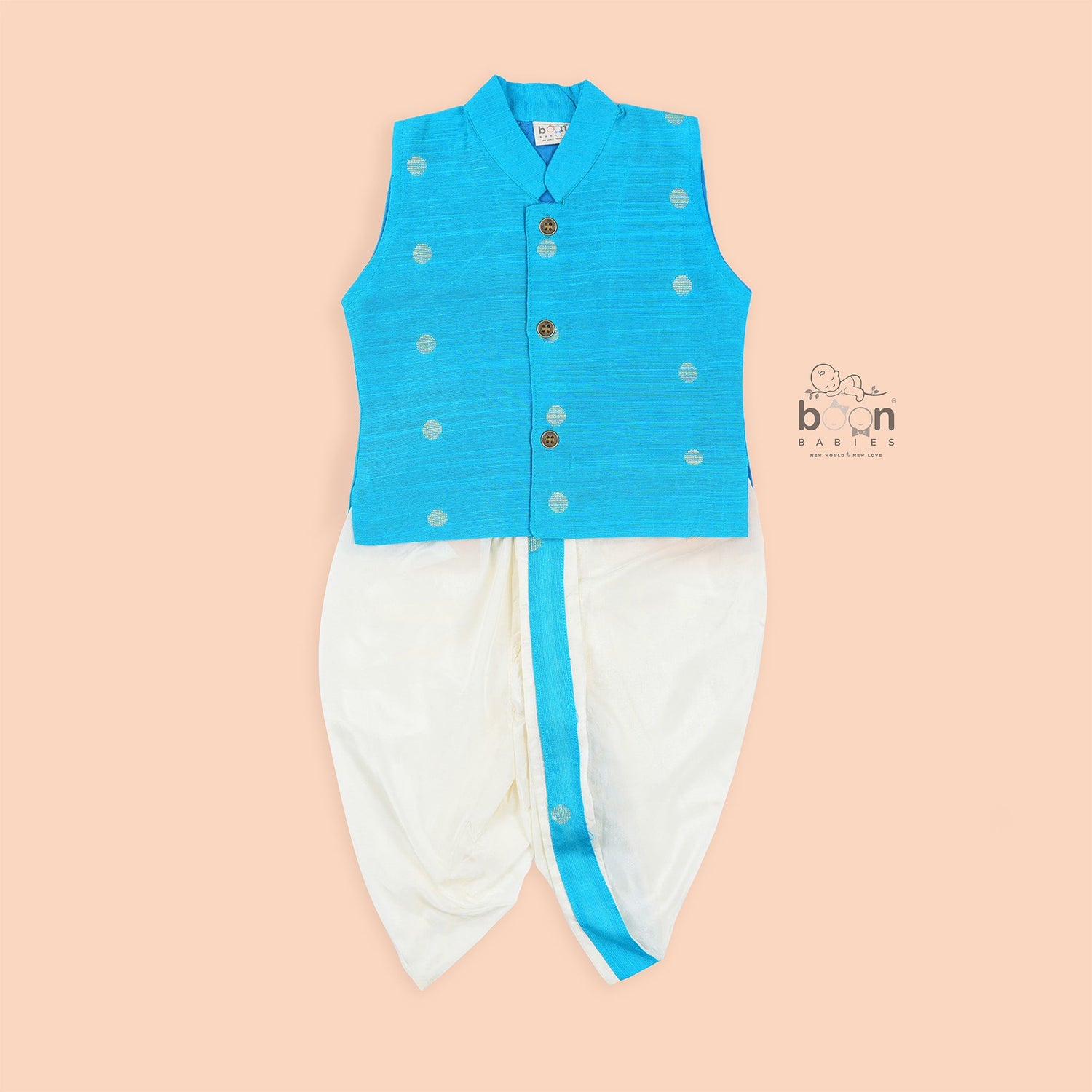 Classic silk Panjagajam set for baby boys in blue & white. Festive-ready comfort for ages 6M–3Y. Ideal for temple & ethnic occasions.