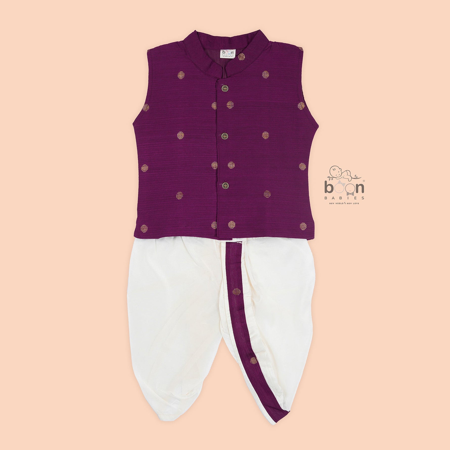Wine silk panjagajam set for baby boys aged 6M–3Y – classic and royal for every celebration.