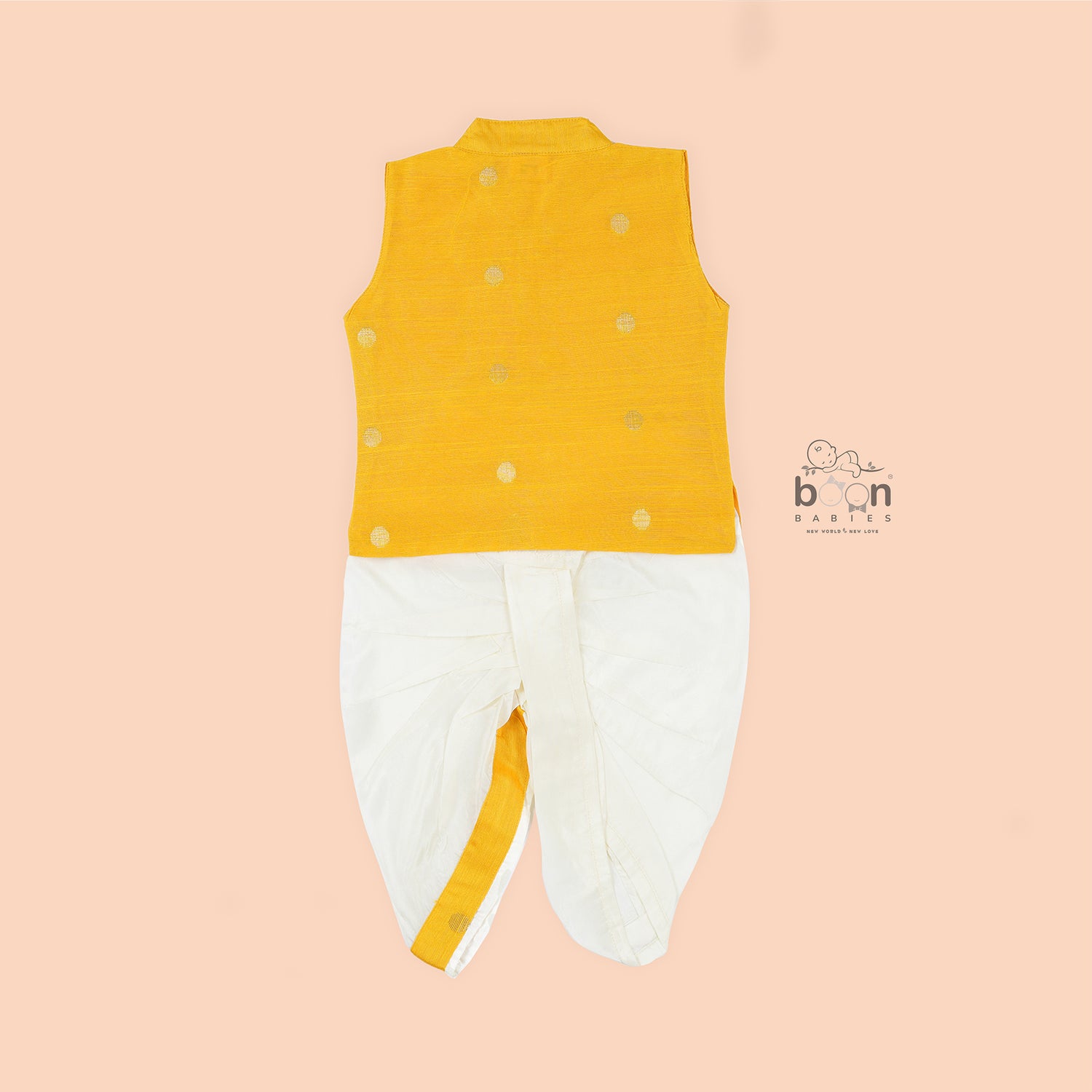 Vibrant yellow silk panjagajam set for boys aged 6M to 3Y. A festive favorite from Boon Babies – perfect for poojas & traditional celebrations.