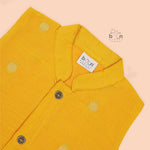 Vibrant yellow silk panjagajam set for boys aged 6M to 3Y. A festive favorite from Boon Babies – perfect for poojas & traditional celebrations.