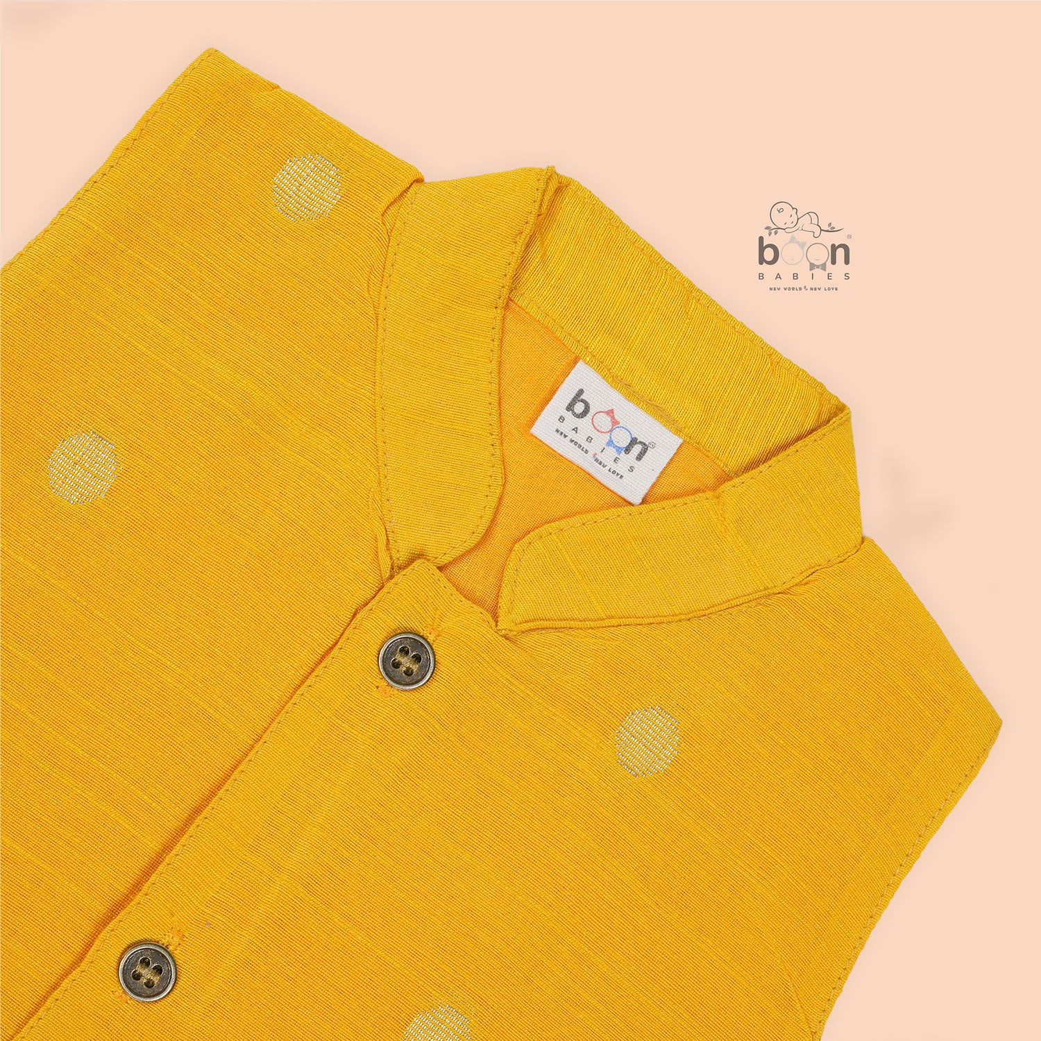 Vibrant yellow silk panjagajam set for boys aged 6M to 3Y. A festive favorite from Boon Babies – perfect for poojas & traditional celebrations.