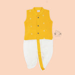 Vibrant yellow silk panjagajam set for boys aged 6M to 3Y. A festive favorite from Boon Babies – perfect for poojas & traditional celebrations.