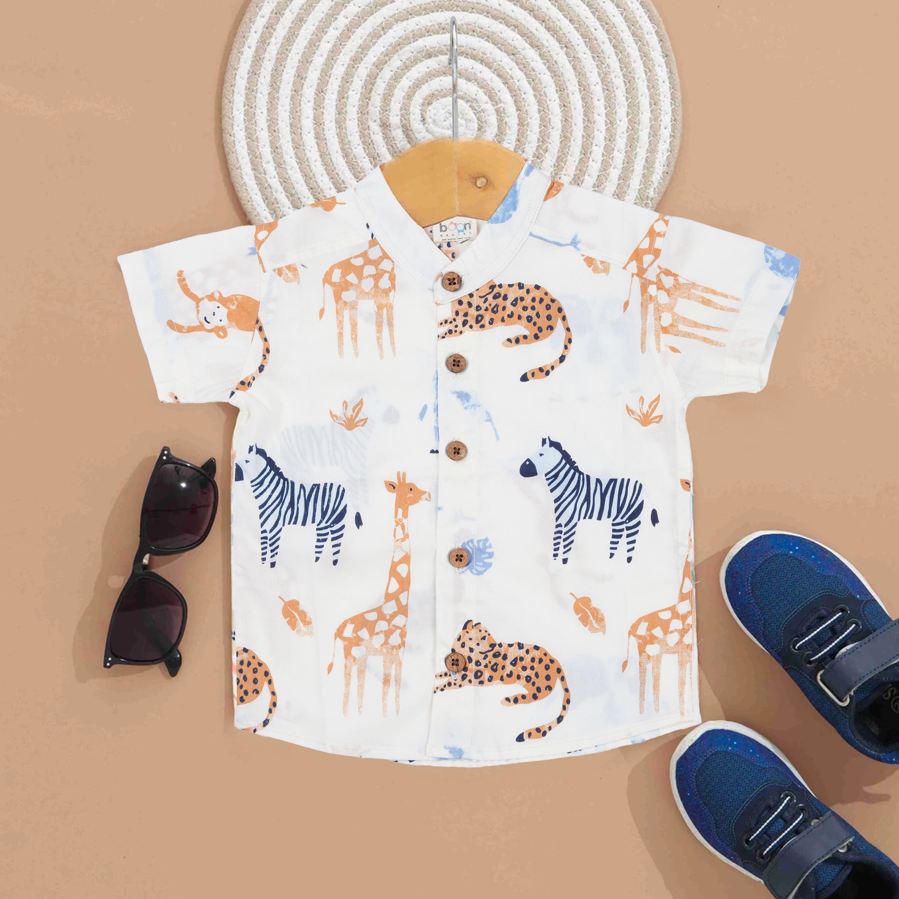 Booon Babies boys jungle safari printed cotton shirt with Mandarin collar, featuring a fun jungle design for ages 6-12 months.
