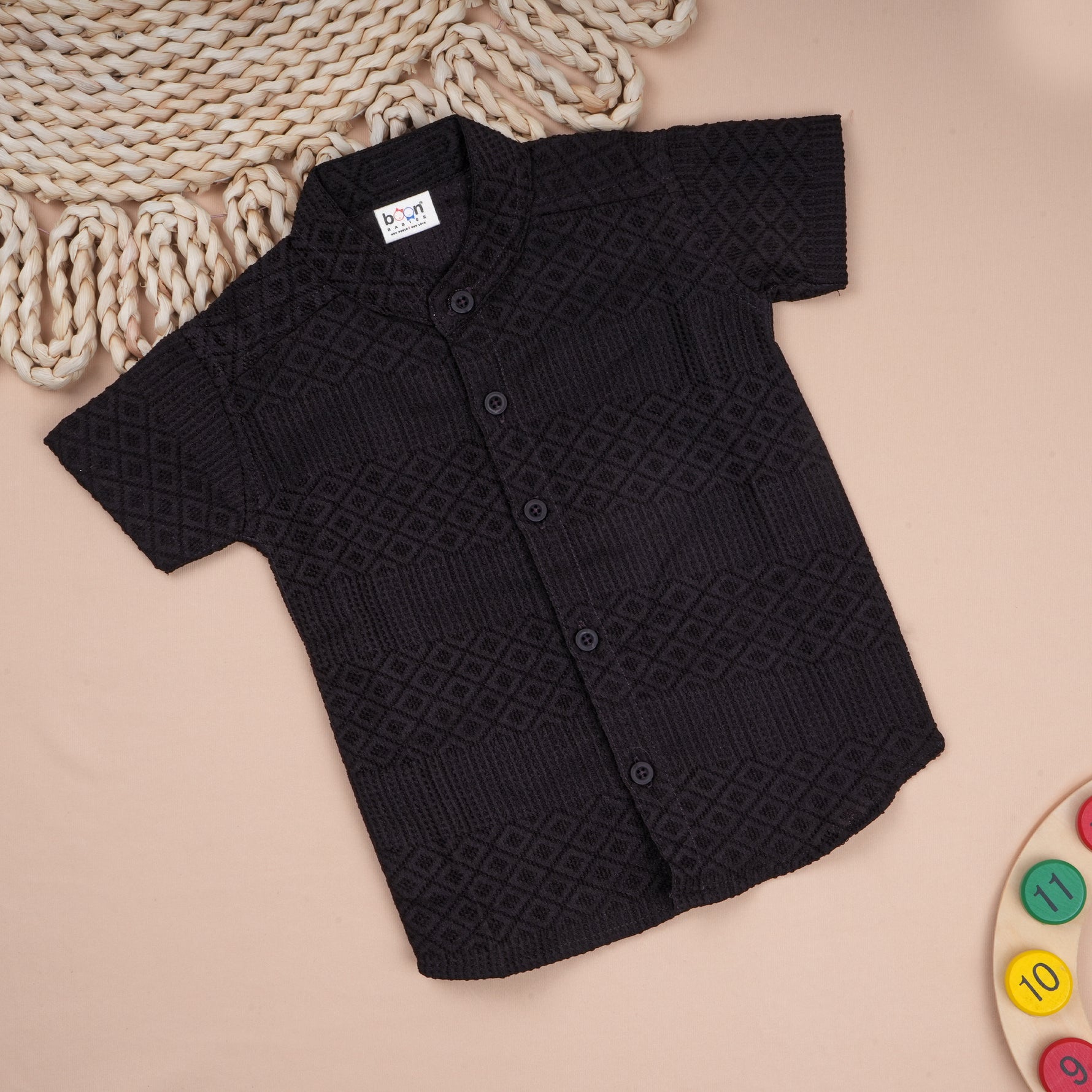 Boys' Popcorn Shirt by Boon Babies, lightweight polycotton casual solid shirt for kids aged 6 months to 5 years, front view.