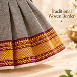 Traditional maroon and gold woven hem border detail on charcoal grey Mangalagiri cotton baby girl frock