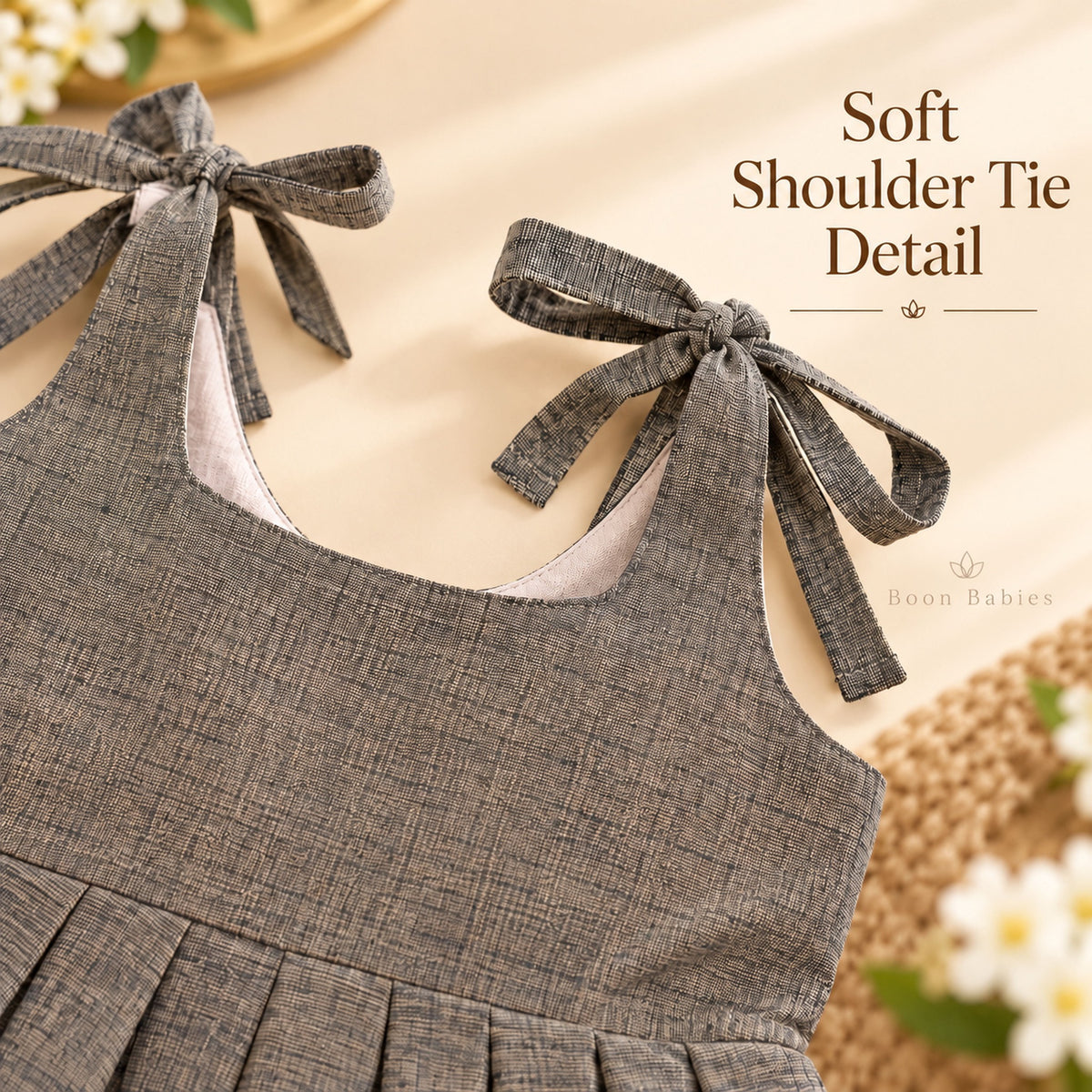 Soft tie-up shoulder strap detail on charcoal grey Mangalagiri cotton baby girl frock