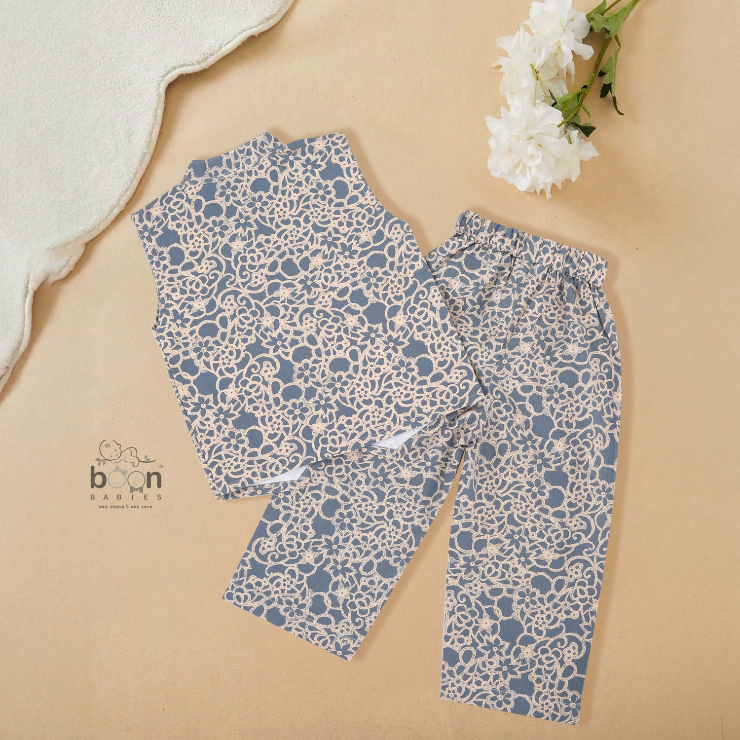Girls Cotton Blue Printed Coat Top & Pant Set – Stylish Everyday & Festive Wear