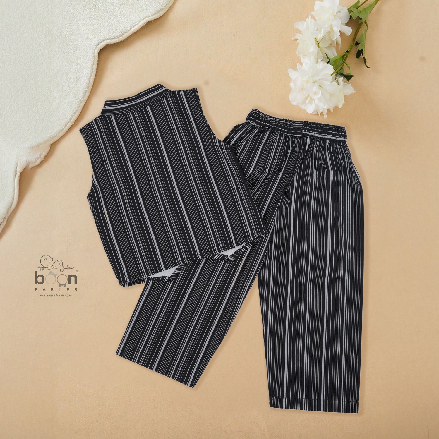 Girls Cotton Black & White Striped Coat Top & Pant Set – Trendy Everyday & Festive Wear