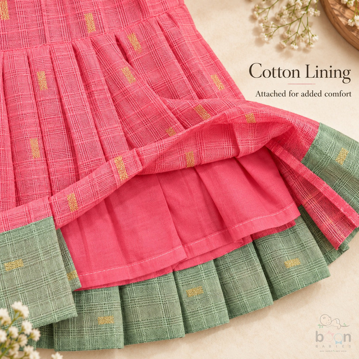 Cotton lining construction detail inside coral pink tissue silk cotton baby girl knot frock