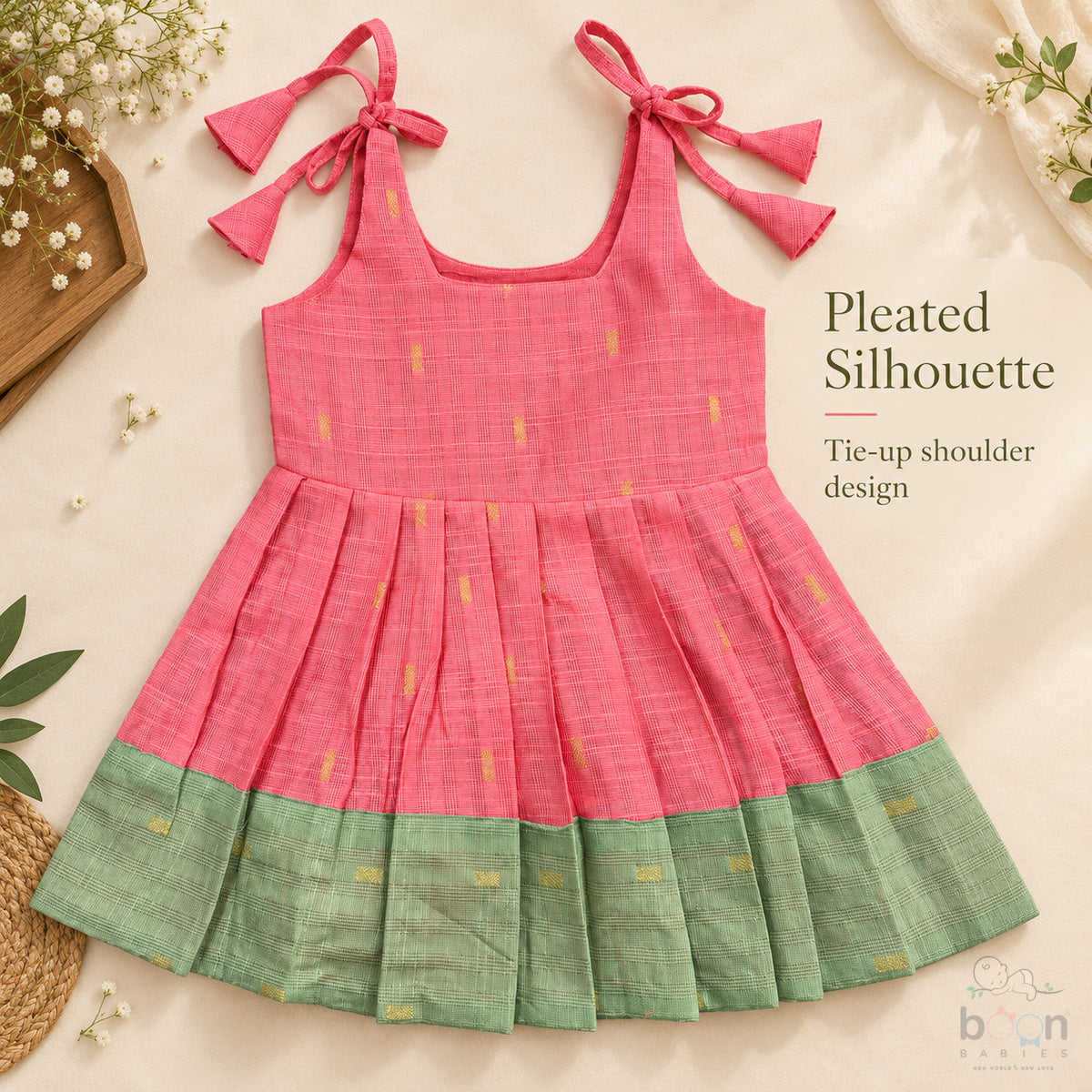 Baby girl coral pink tissue silk cotton knot frock with sage green border, front view, soft and stylish for special occasions.