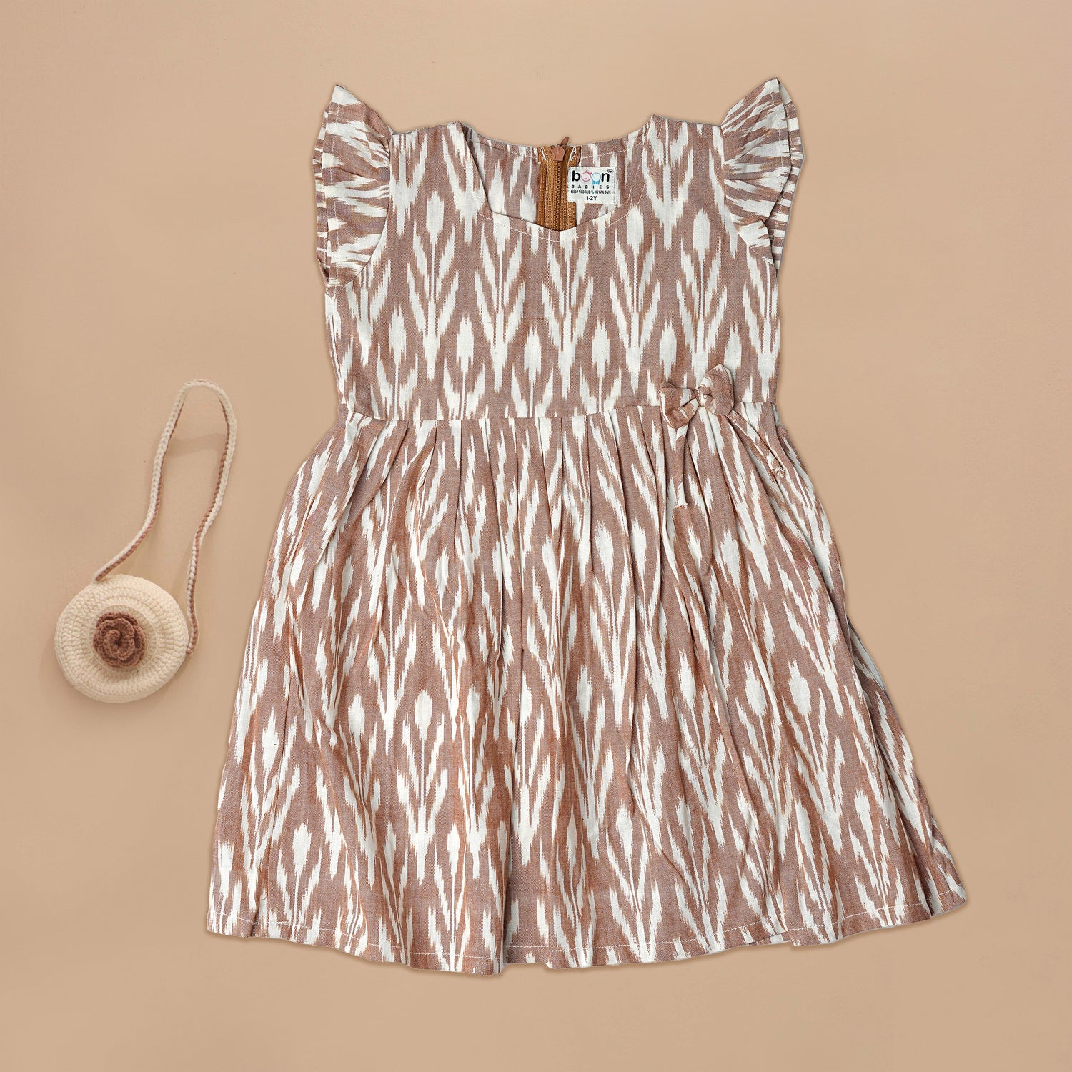 Ikat Charm: Brown Patterned Frock for Girls