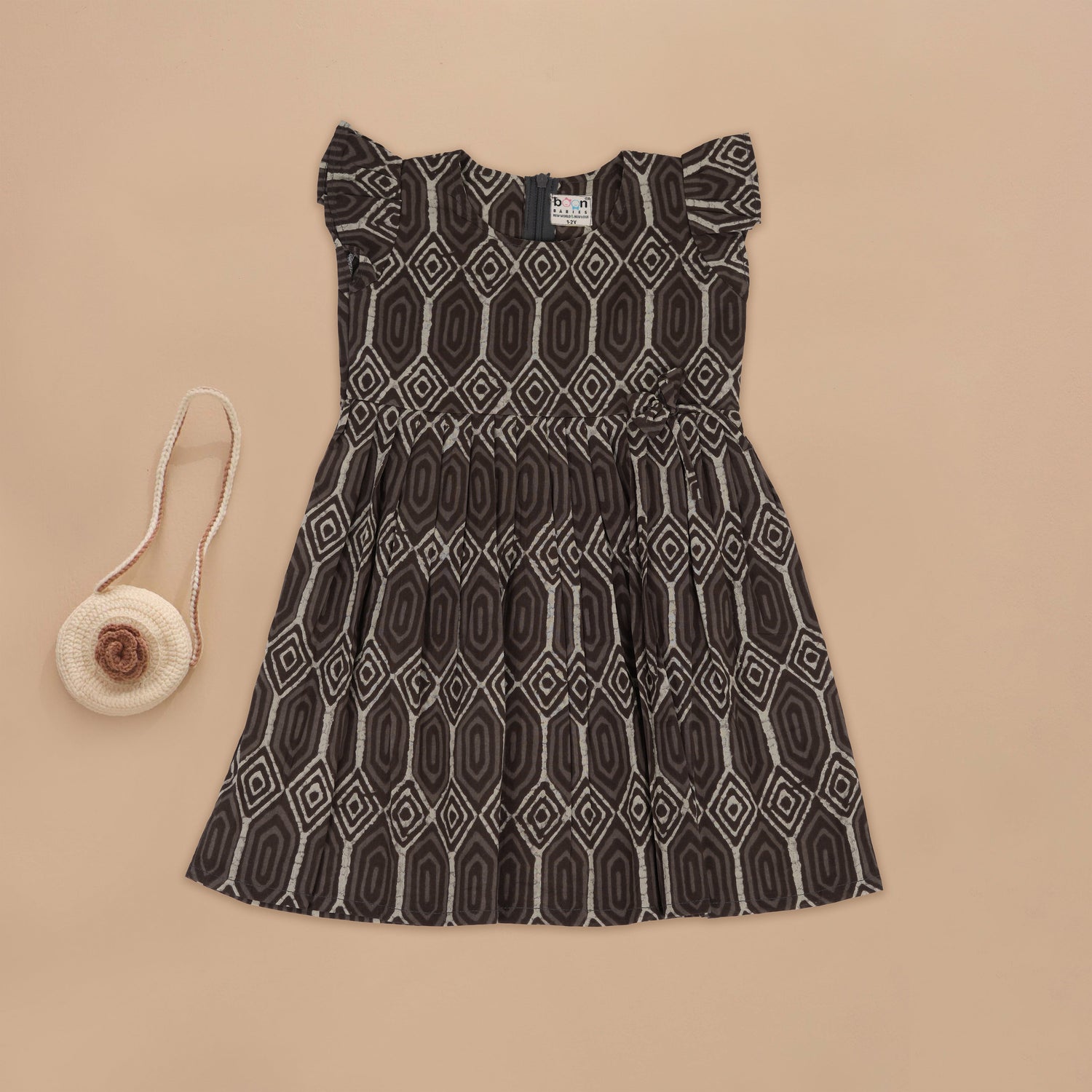 Chic Geometric Black & Grey Cotton Dress for Girls