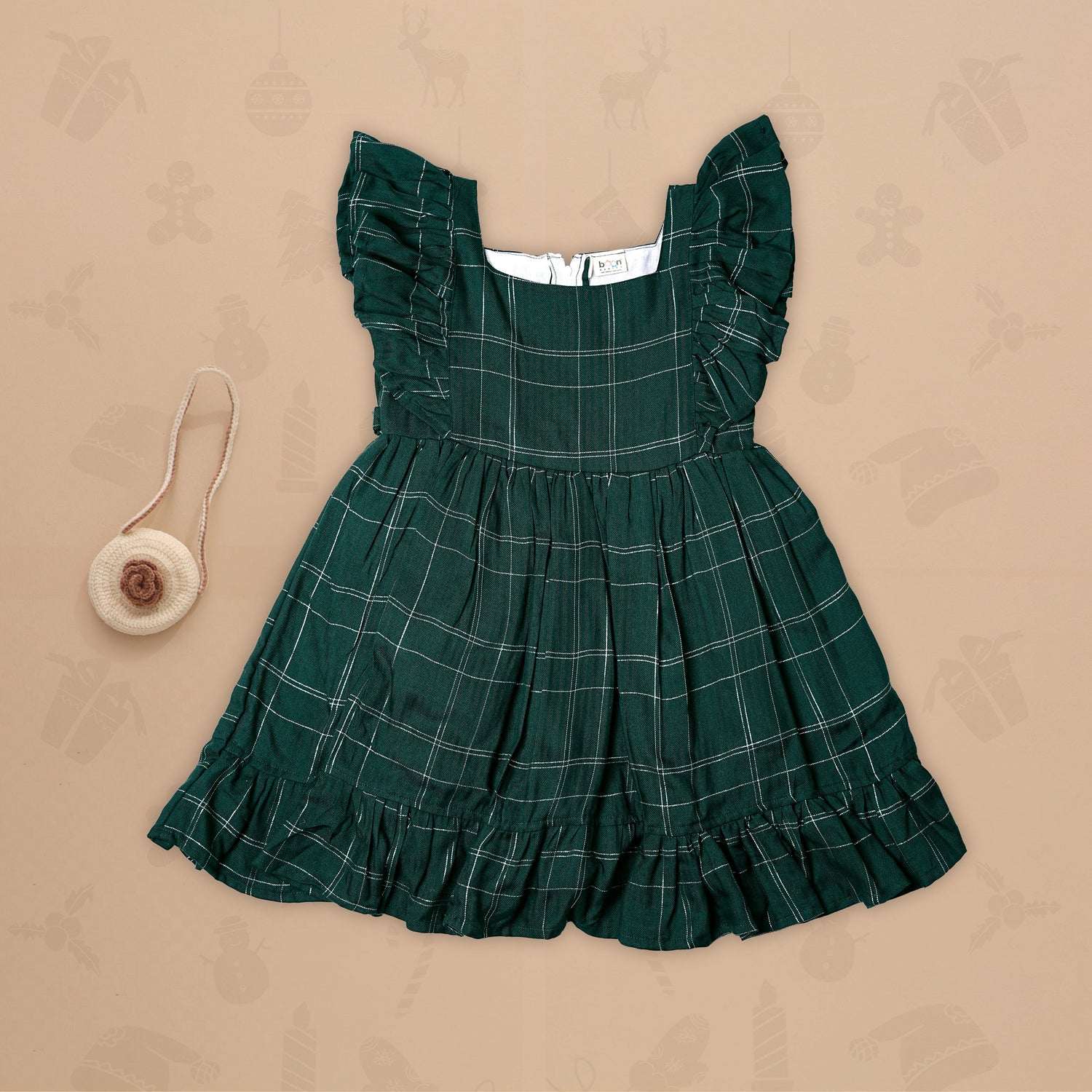 Chic Green Checkered Frock with Ruffle Sleeves