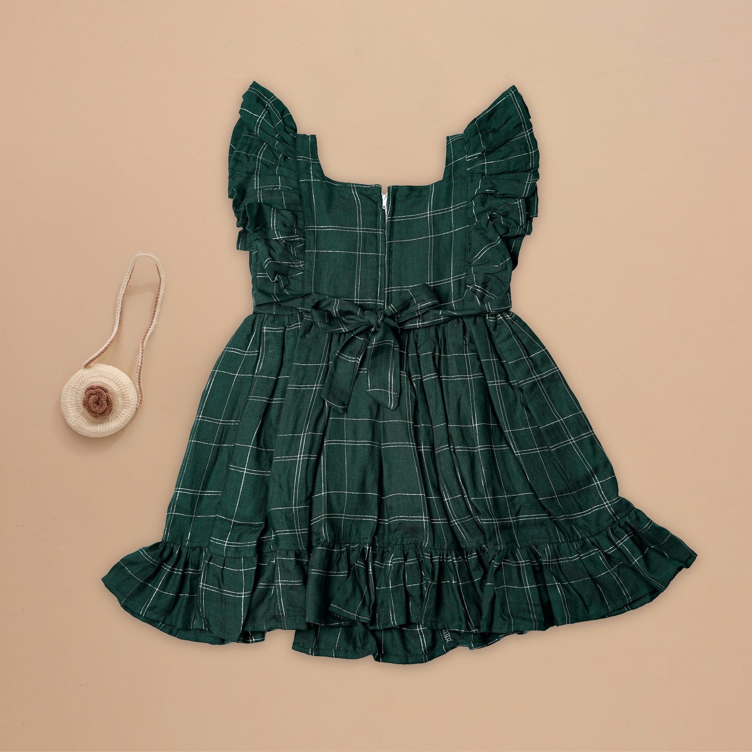 Chic Green Checkered Frock with Ruffle Sleeves