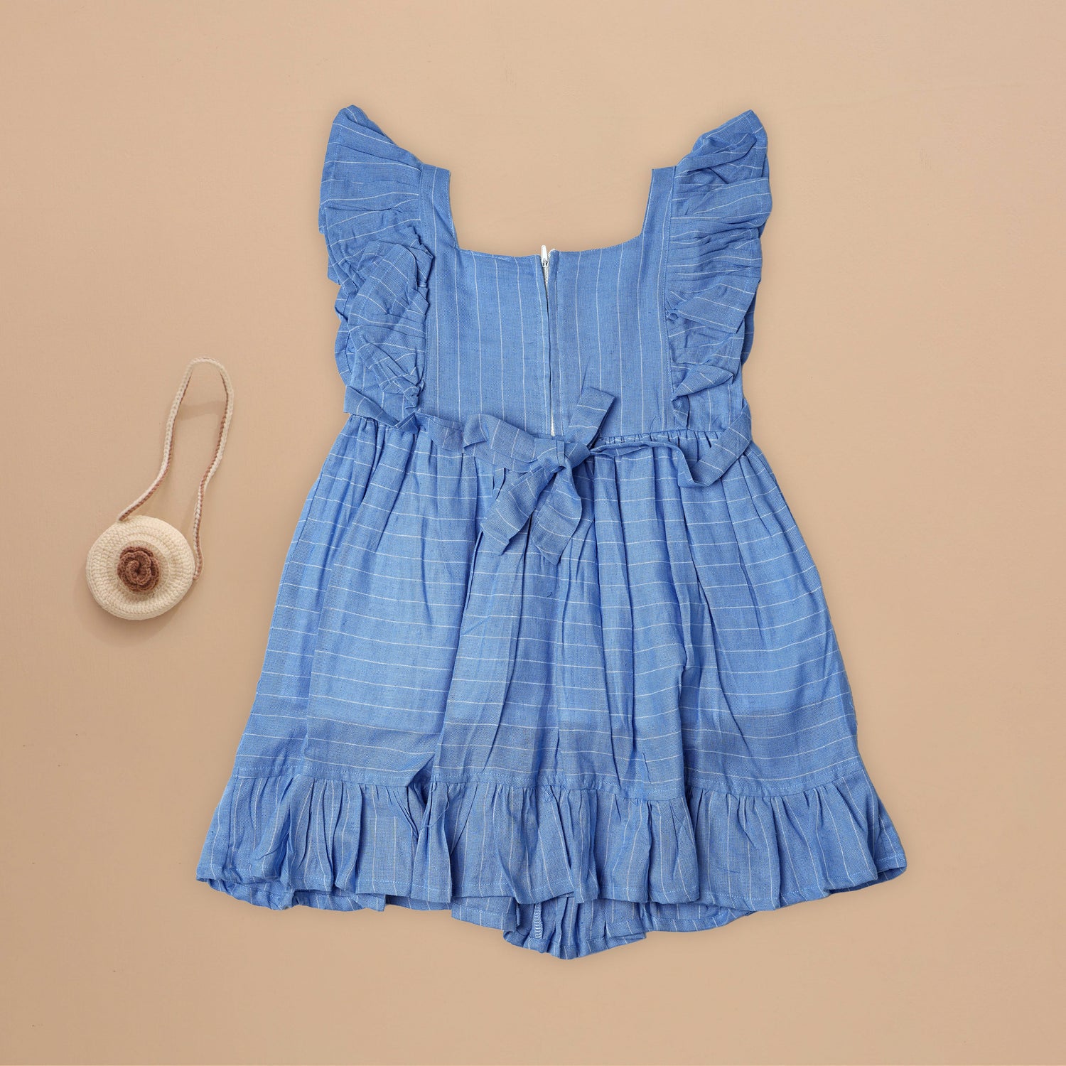 Blue Pinstripe Cotton Frock with Flowy Ruffles