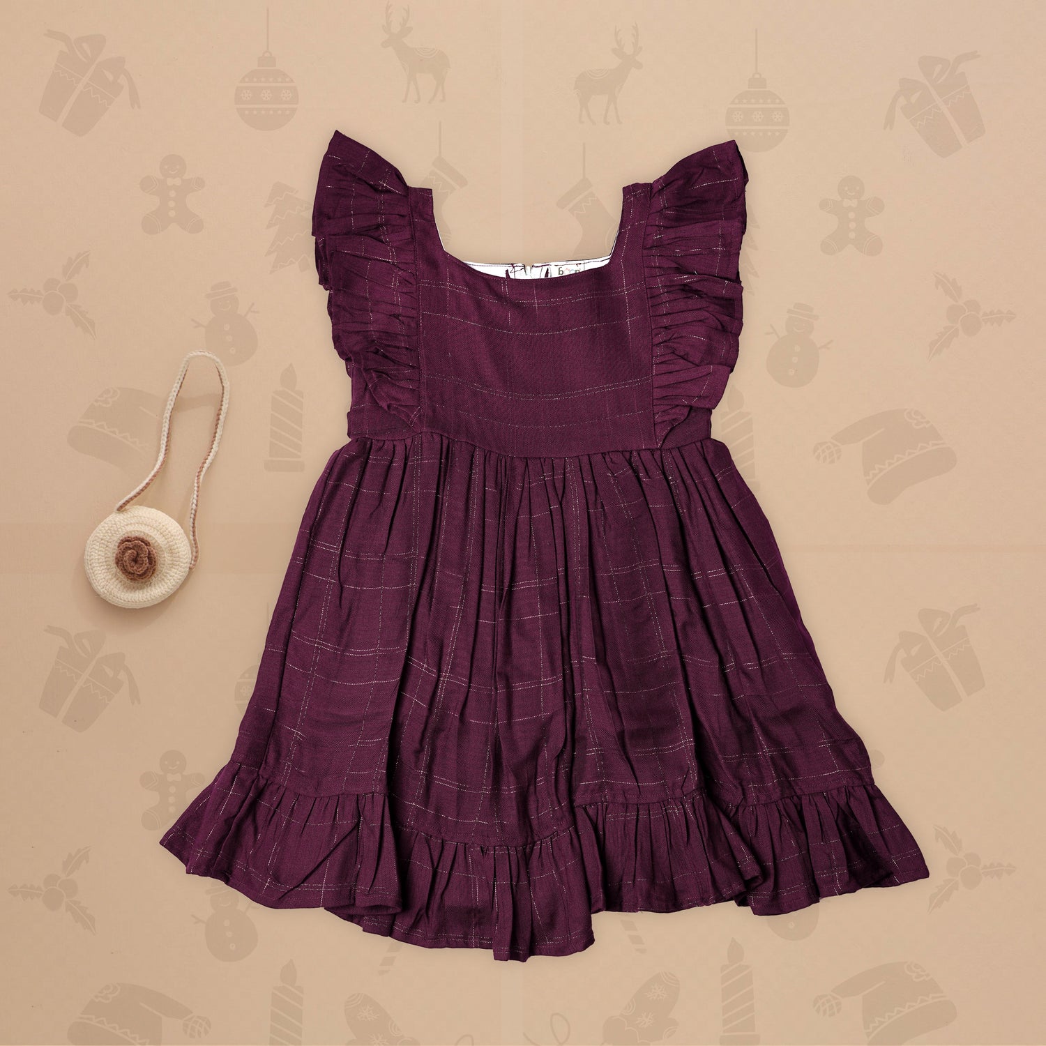 Elegant Burgundy Cotton Frock with Plaid Pattern