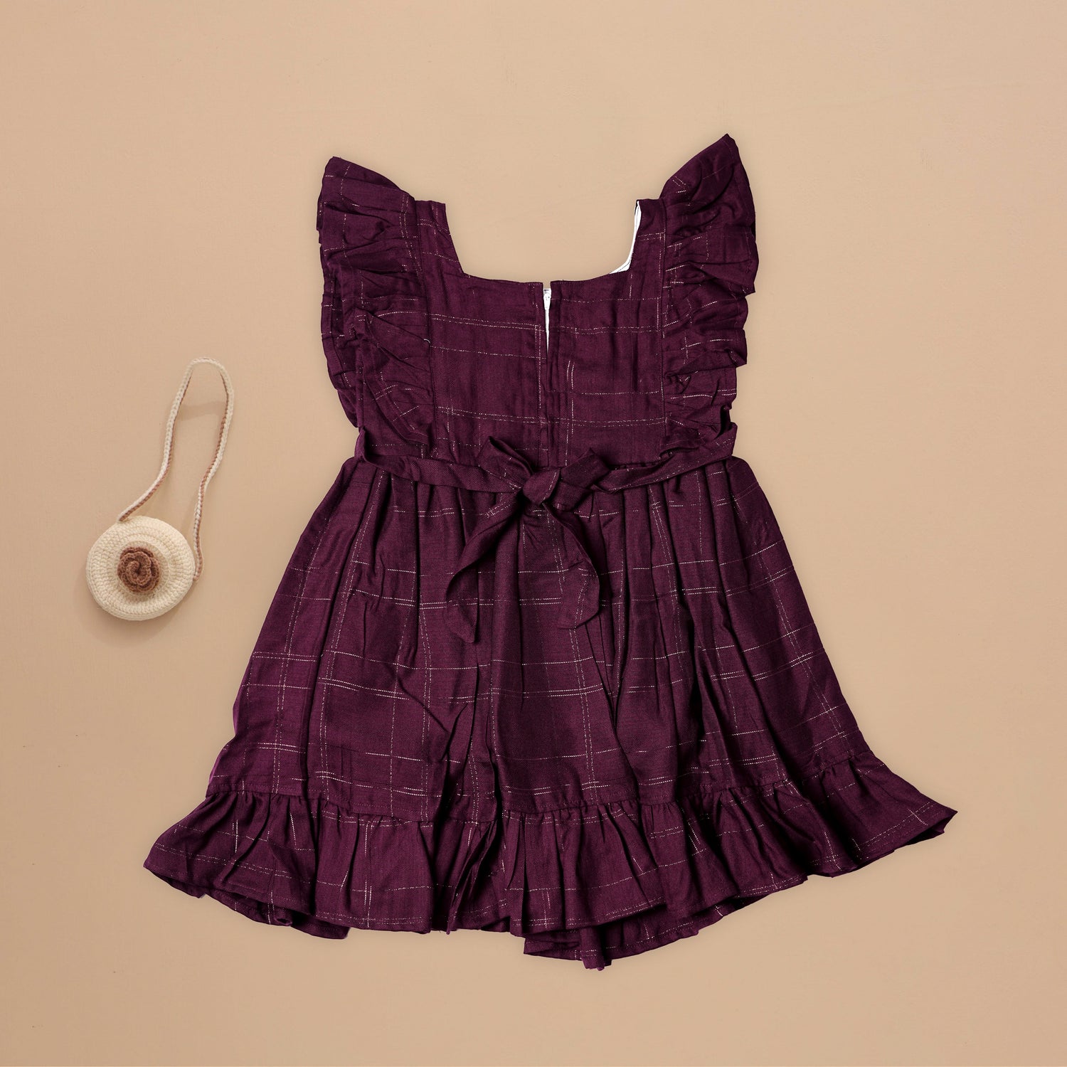 Elegant Burgundy Cotton Frock with Plaid Pattern