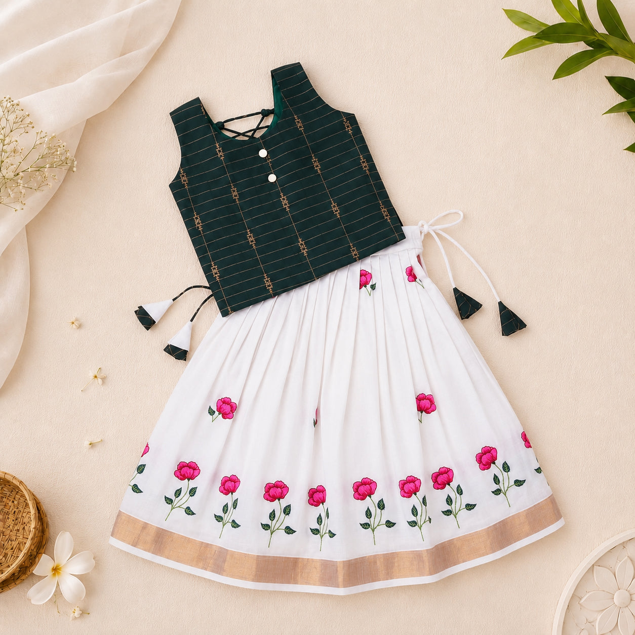 Girls Embroidered Onam Raw Silk Top & Cotton Skirt Set – Green Magenta & White