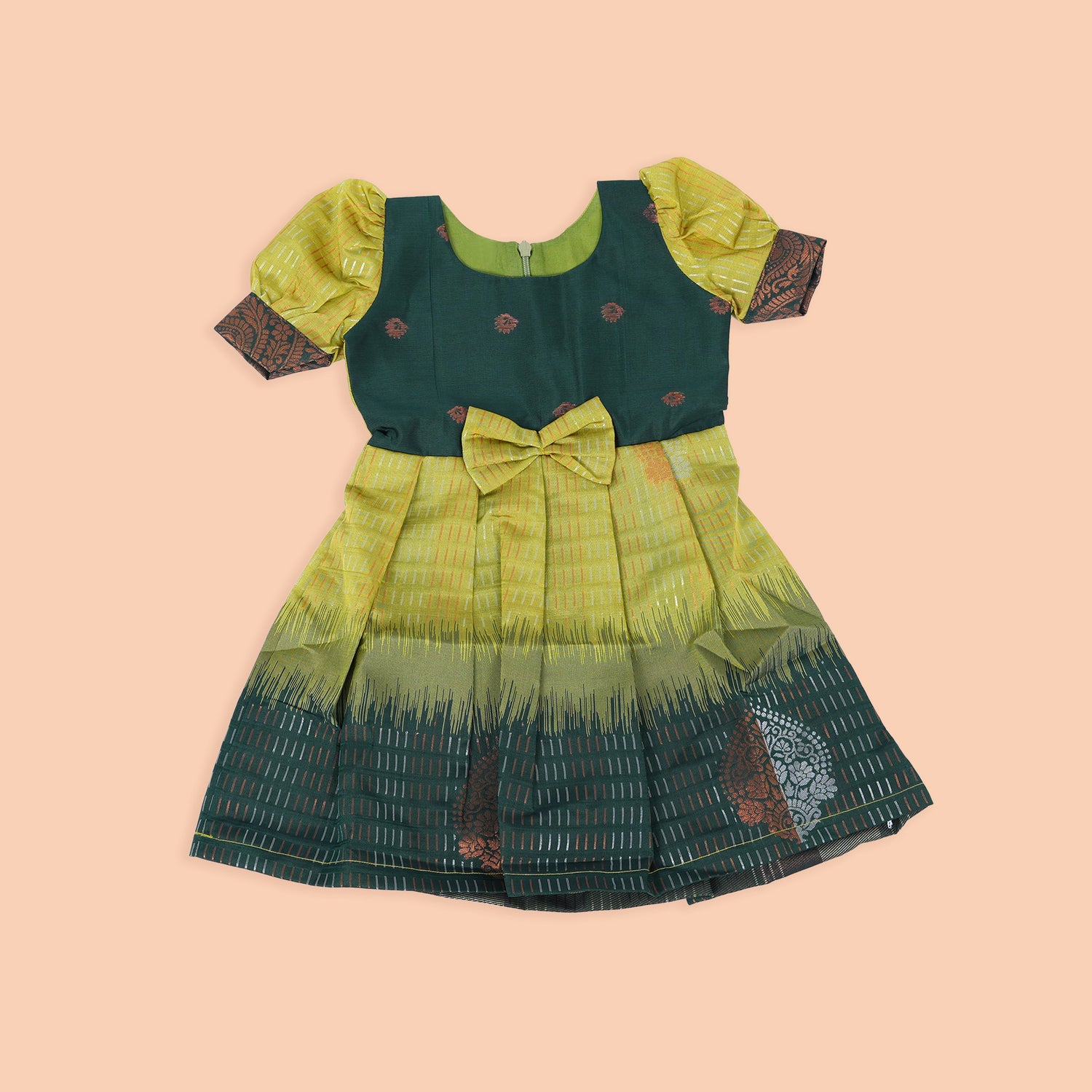 Traditional Green - Yellow Kids Frock with a Touch of Royalty