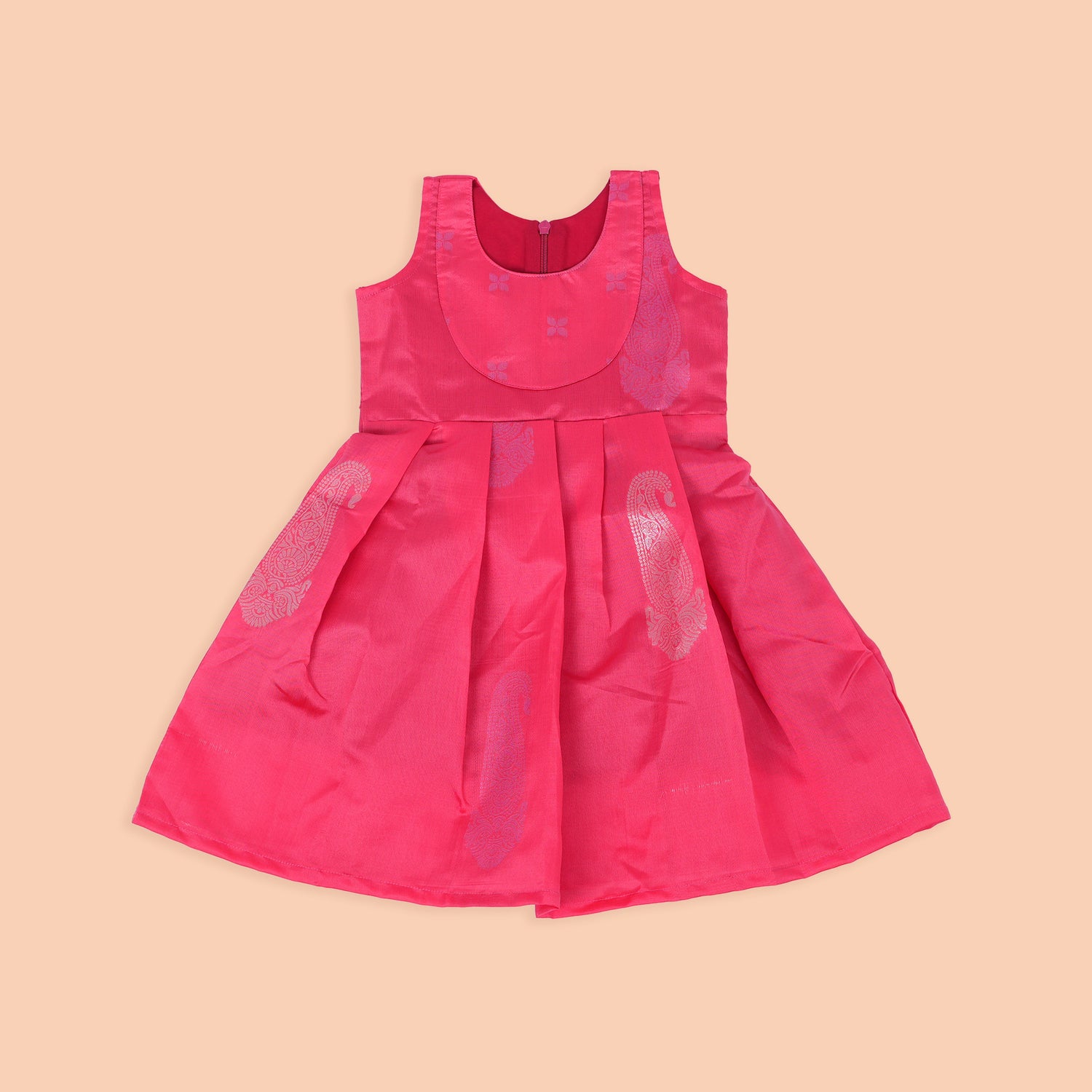 Shiny Pink Party Wear Frock for Girls with Pleated Detailing