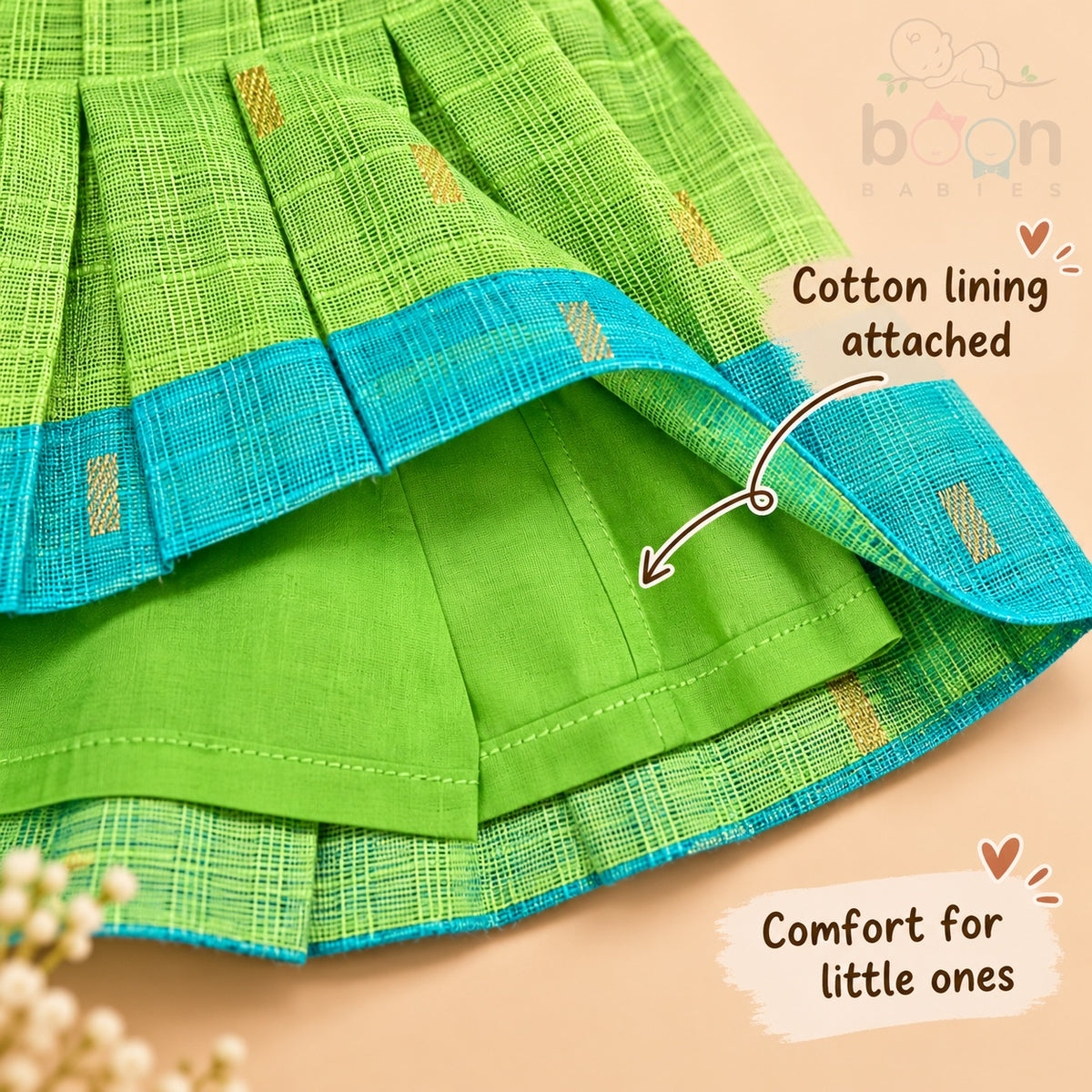 Cotton lining detail inside green tissue silk cotton baby girl knot frock