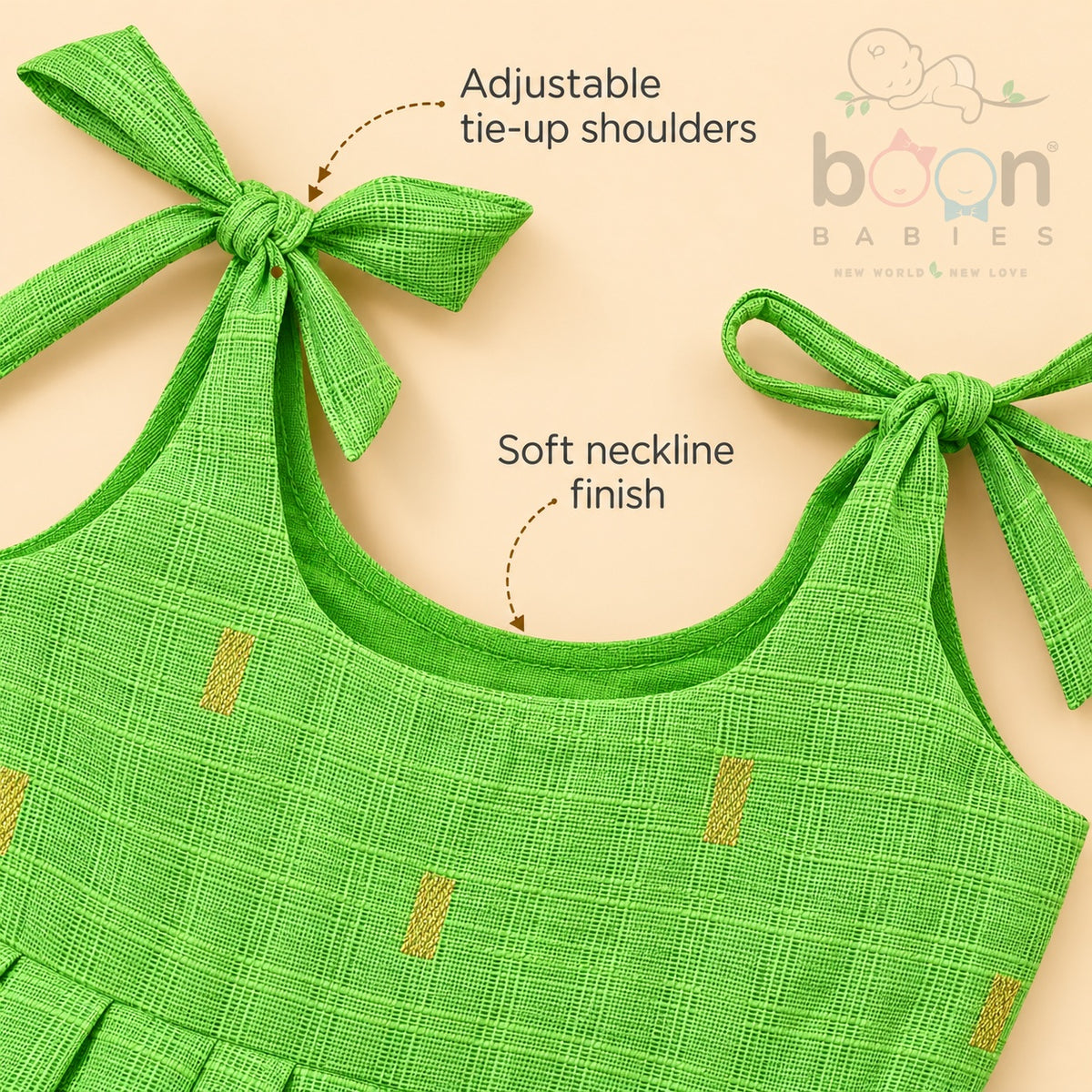 Adjustable tie-up shoulder and soft neckline detail on green tissue silk cotton baby girl frock
