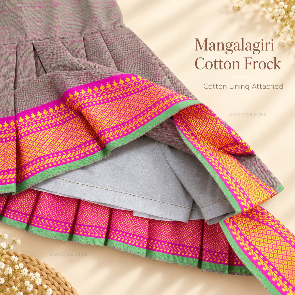 Cotton lining detail inside grey Mangalagiri cotton baby girl frock