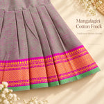 Traditional pink yellow and green woven border detail on grey Mangalagiri cotton baby girl frock
