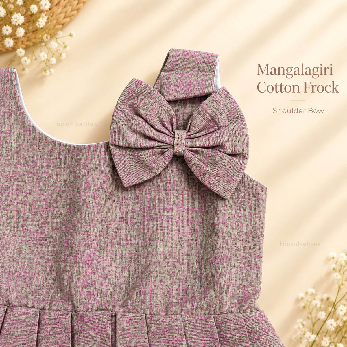 Shoulder bow detail on grey Mangalagiri cotton baby girl frock