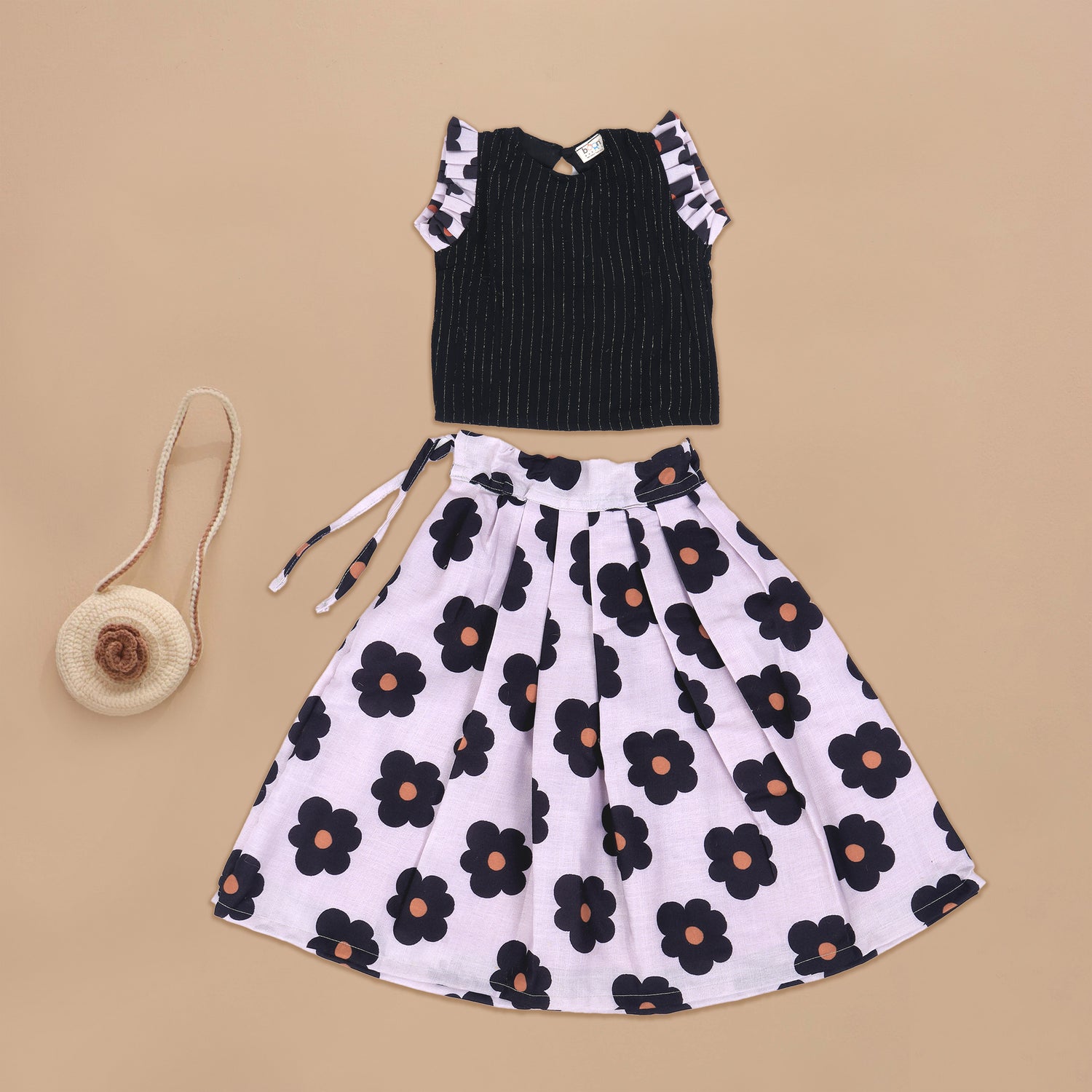 Girls Black Striped Top and Floral Skirt – Bold Blossoms for Any Day