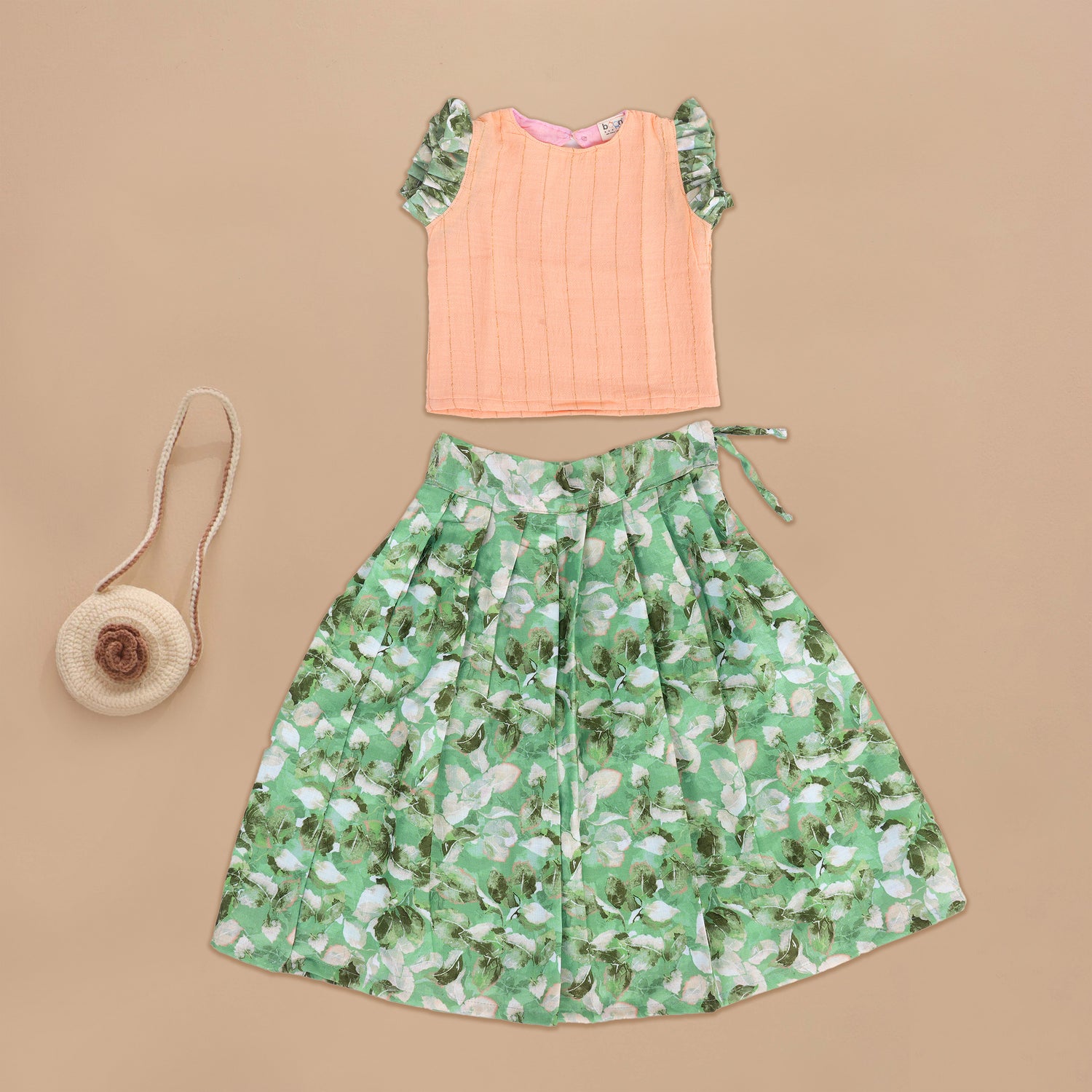 Elegant Peach and Green Leaf Skirt Set – Natural Elegance for Girls