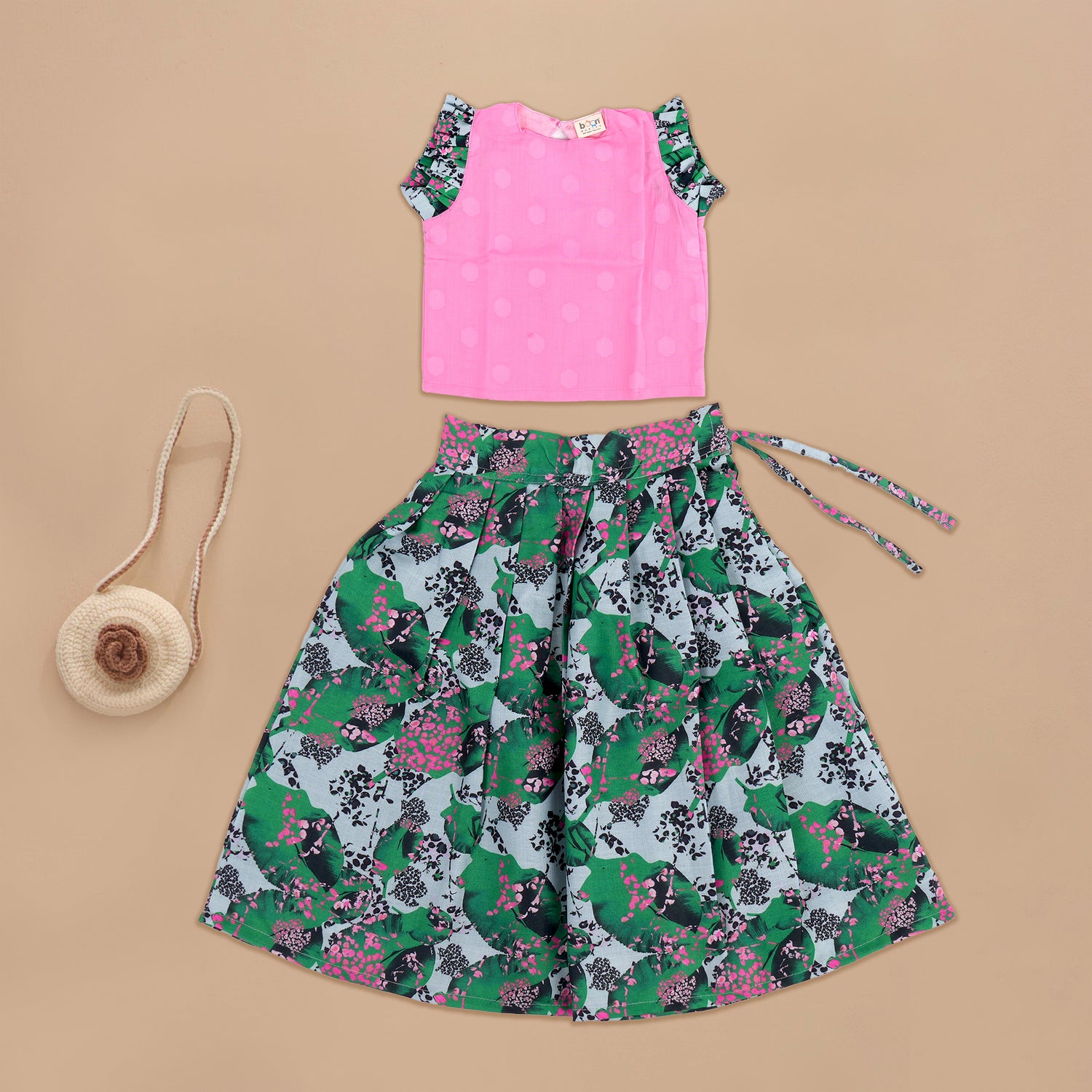 Playful Pink Polka Dots with Green Floral Skirt – Fun and Fashionable