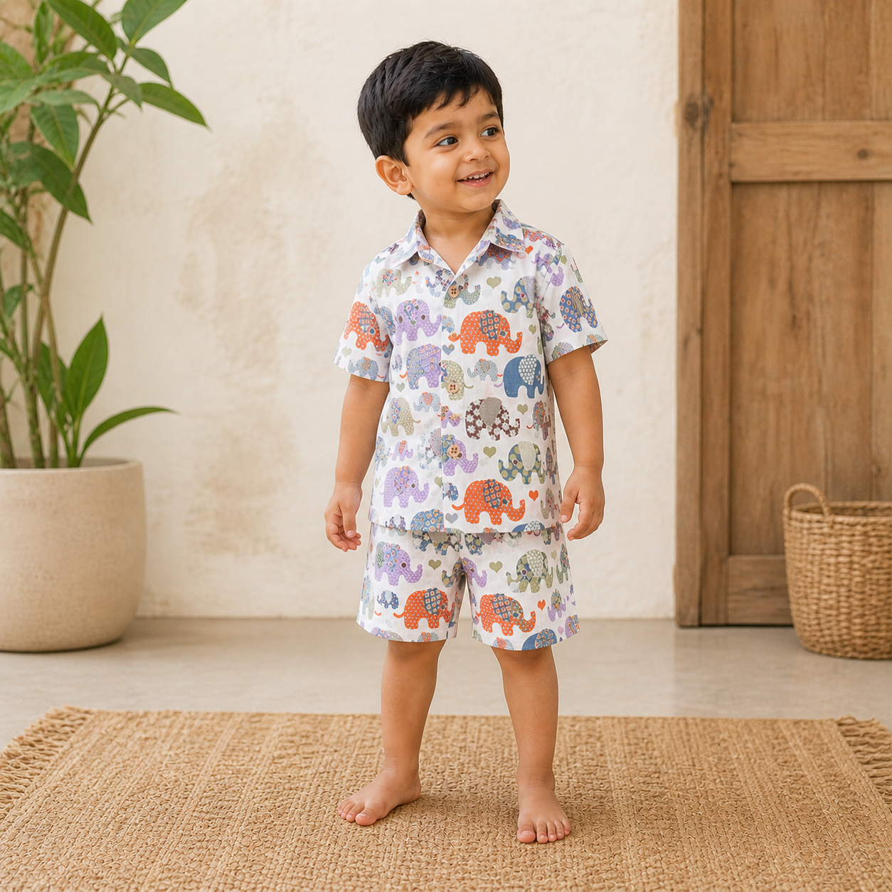 Pink Jaipur Cotton elephant print shirt and matching shorts for kids, featuring a straight collar and summer-ready design.