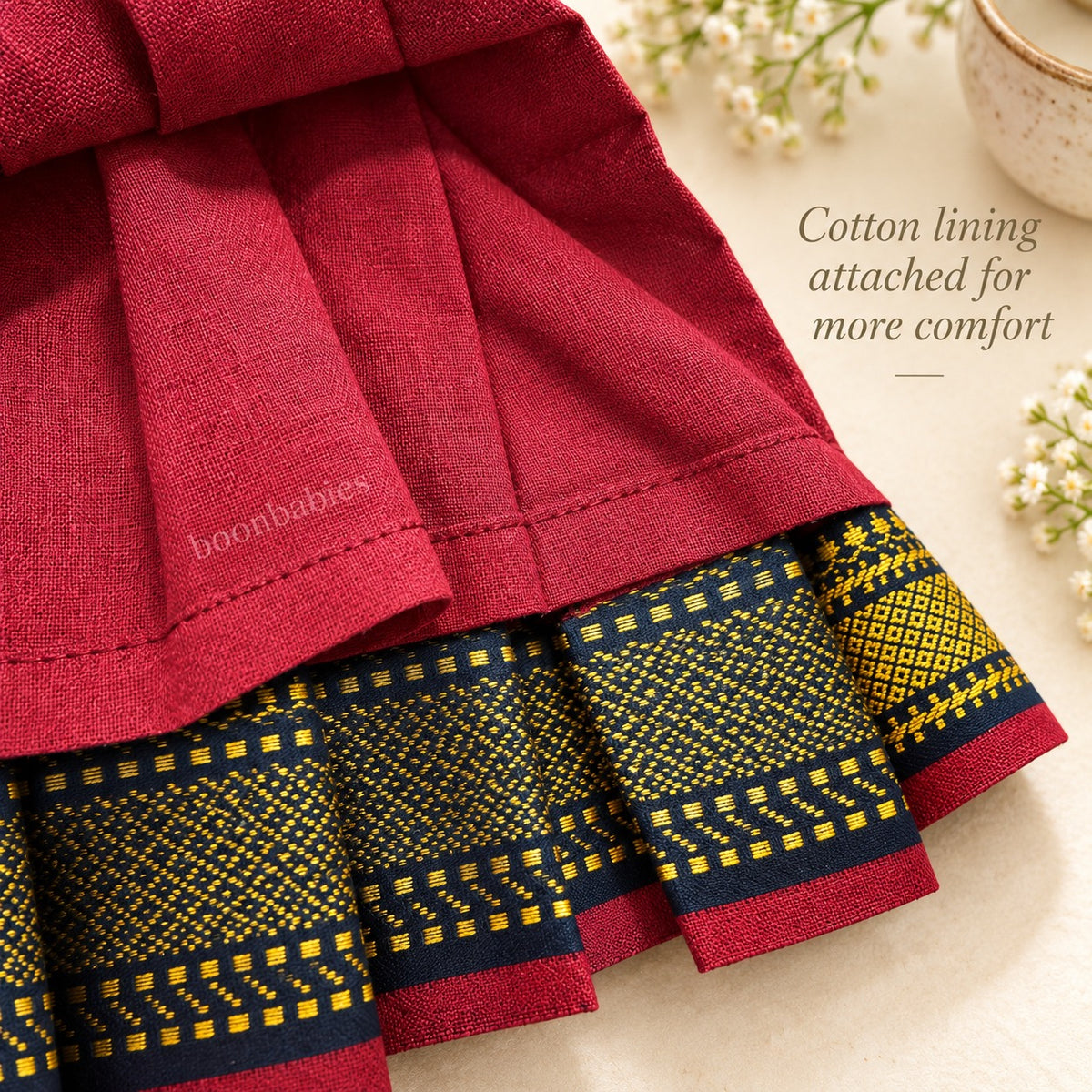 Cotton lining detail inside maroon Mangalagiri cotton baby girl frock