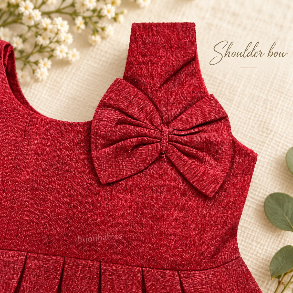 Shoulder bow detail on maroon Mangalagiri cotton baby girl frock