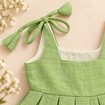 Adjustable shoulder tie detail on pastel green Mangalagiri cotton baby girl frock