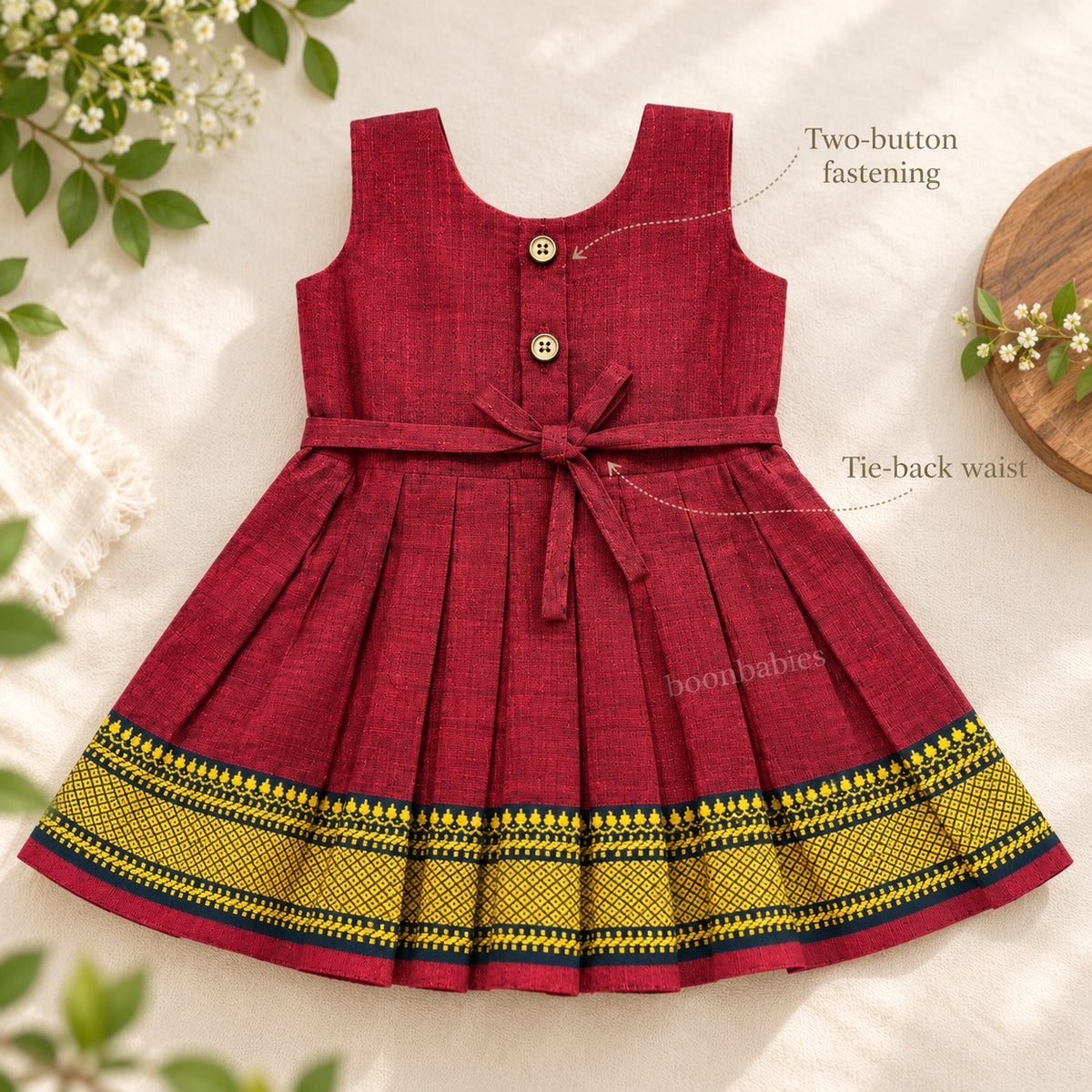 Maroon Mangalagiri cotton baby girl frock back view with two-button fastening and tie-back waist