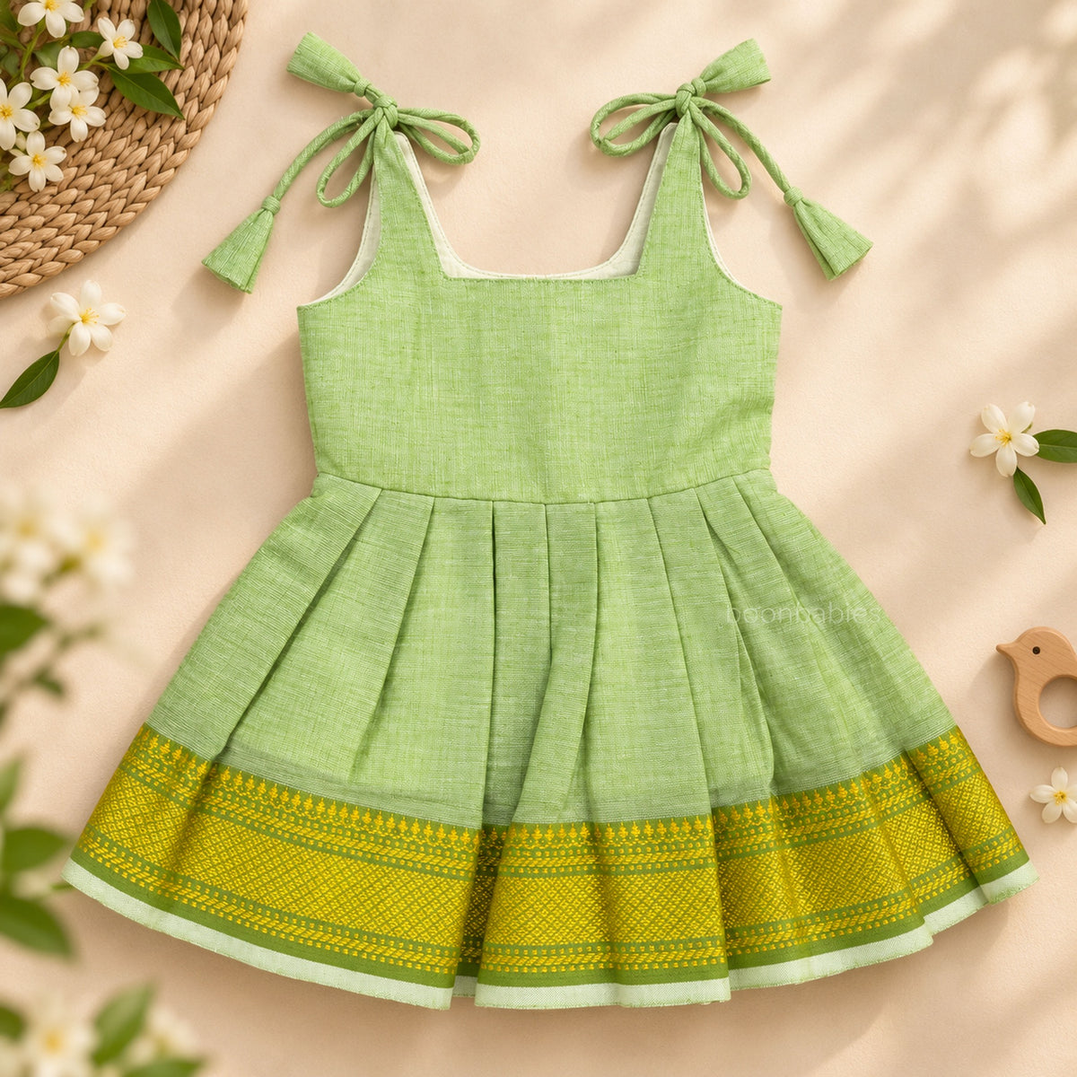 Full view of pastel green Mangalagiri cotton baby girl frock with tie shoulders and traditional woven hem border