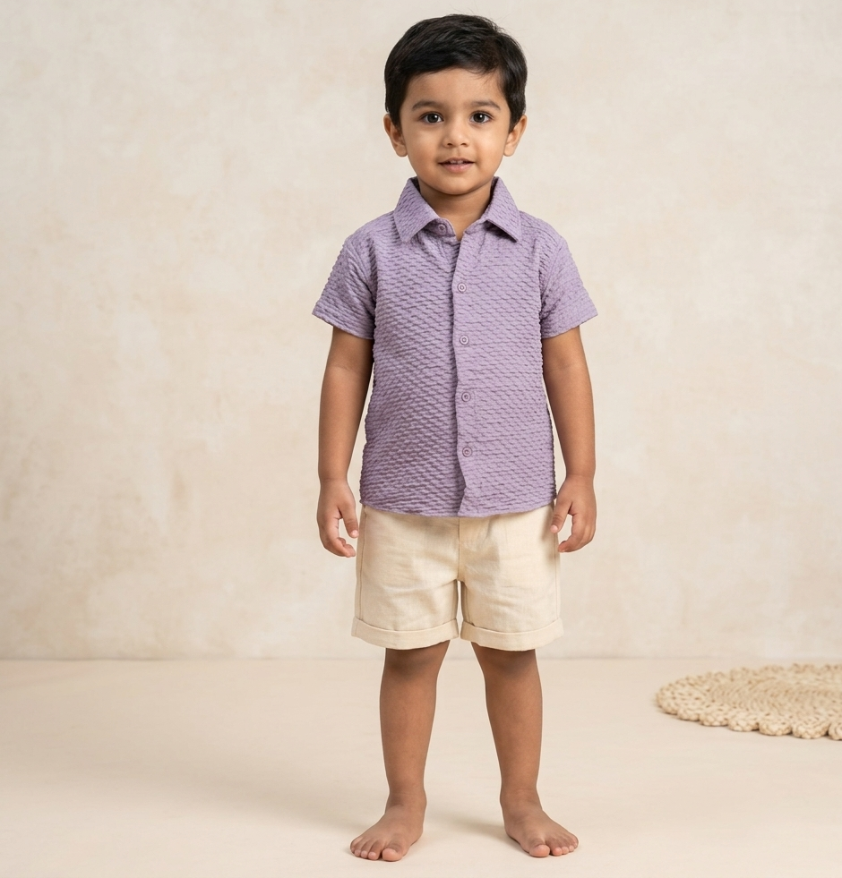 Lightweight solid Popcorn Shirt for boys by Boon Babies, casual polycotton collar shirt for kids aged 6 months to 5 years.