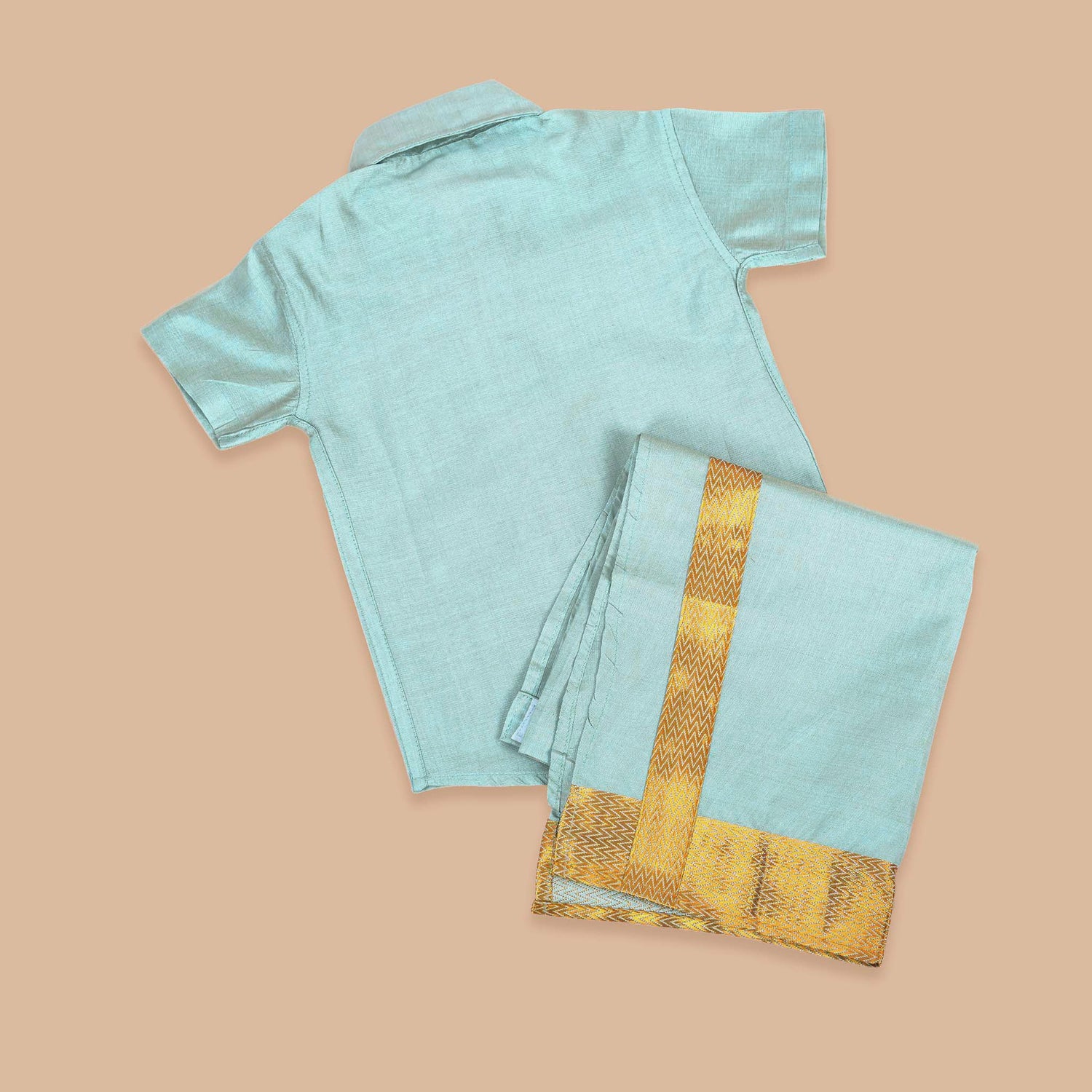 Traditional Light Blue Shirt and Golden Pattu Dhoti Set for Baby Boys