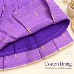 Cotton lining construction detail inside purple tissue silk cotton baby girl knot frock