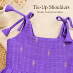 Tie-up shoulder and neatly finished neckline detail on purple tissue silk cotton baby girl frock