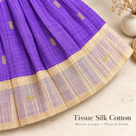 Woven tissue silk cotton texture, pleated skirt and cream gold border detail on purple baby girl knot frock