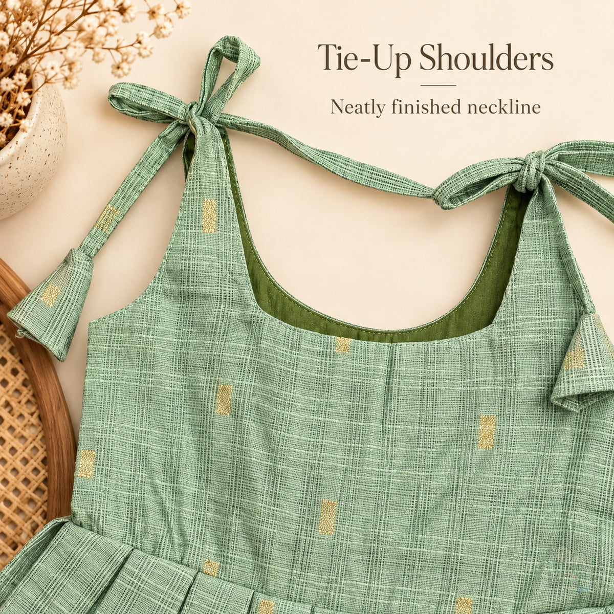 Tie-up shoulder and neatly finished neckline detail on sage green tissue silk cotton baby girl frock