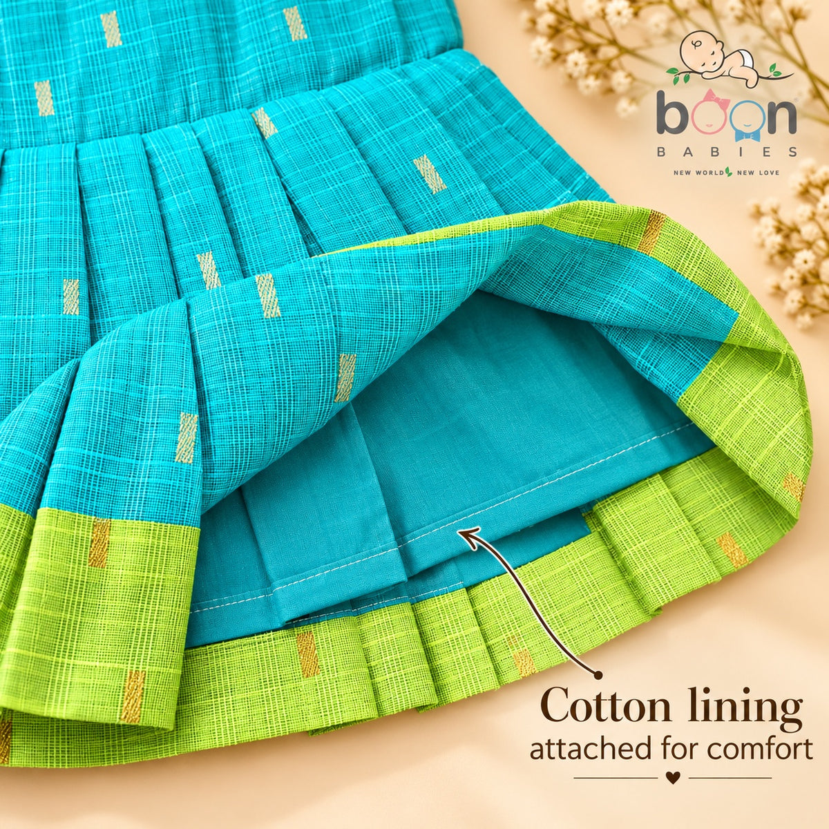 Cotton lining detail inside turquoise tissue silk cotton baby girl knot frock